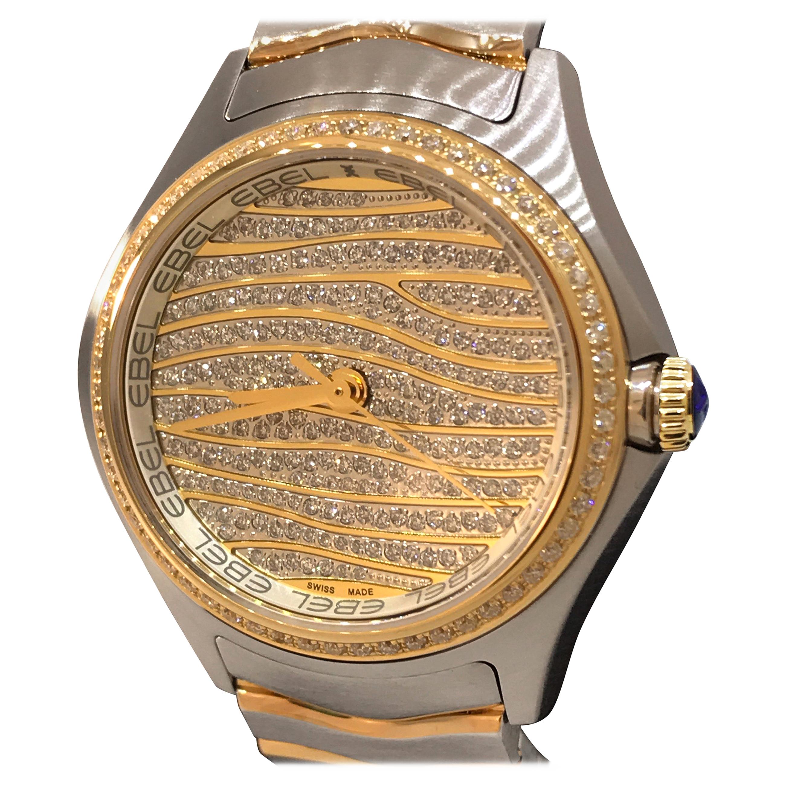 Ebel Wave Pave Diamond Dial & Bezel Steel & Gold Ladies Bracelet Watch 1216285 For Sale