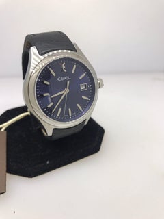 Ebel Wave Stainless Steel Blue Dial Black Leather Band Men's Watch 1216329 New