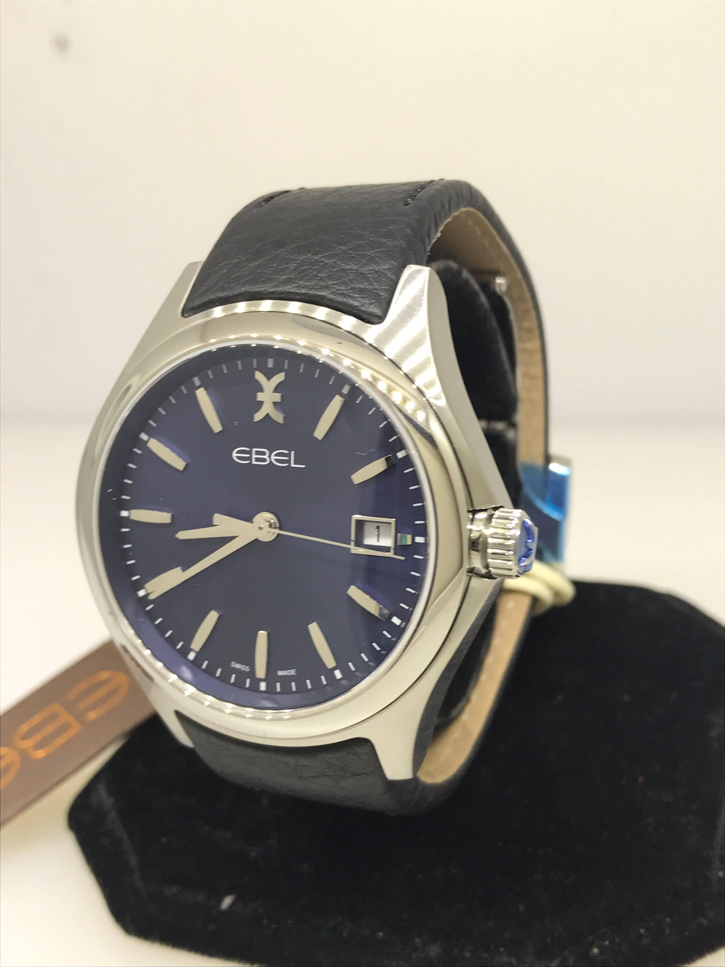 Ebel Wave Stainless Steel Blue Dial Black Leather Band Men's Watch 1216329 New For Sale 1