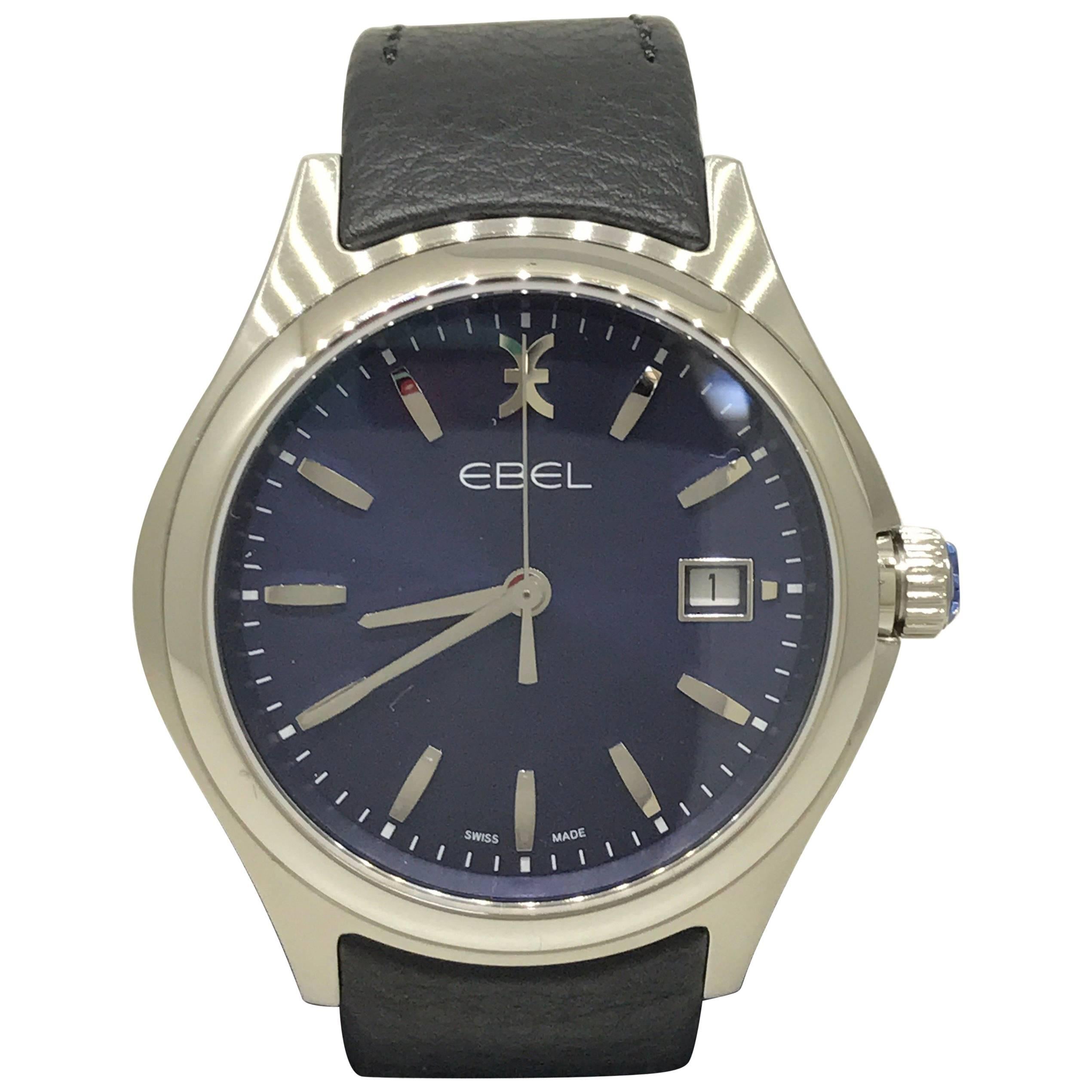 Ebel Wave Stainless Steel Blue Dial Black Leather Band Men's Watch 1216329 New For Sale