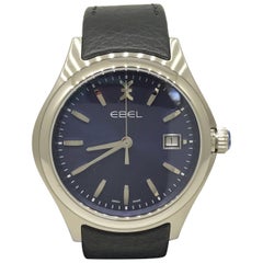 Ebel Wave Stainless Steel Blue Dial Black Leather Band Men's Watch 1216329 New