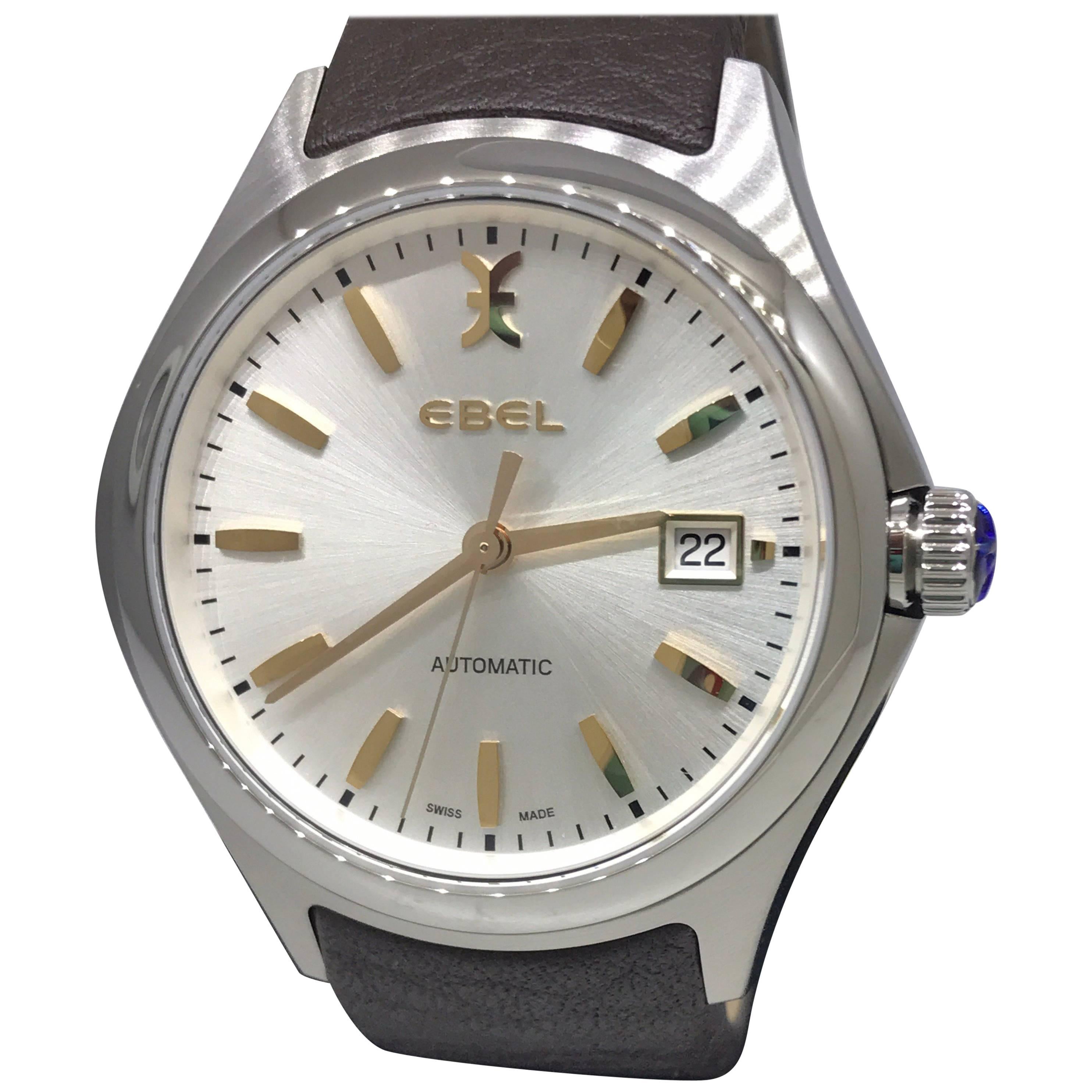 Ebel Wave Stainless Steel Silver Dial Brown Leather Band Men's Watch 1216331 New
