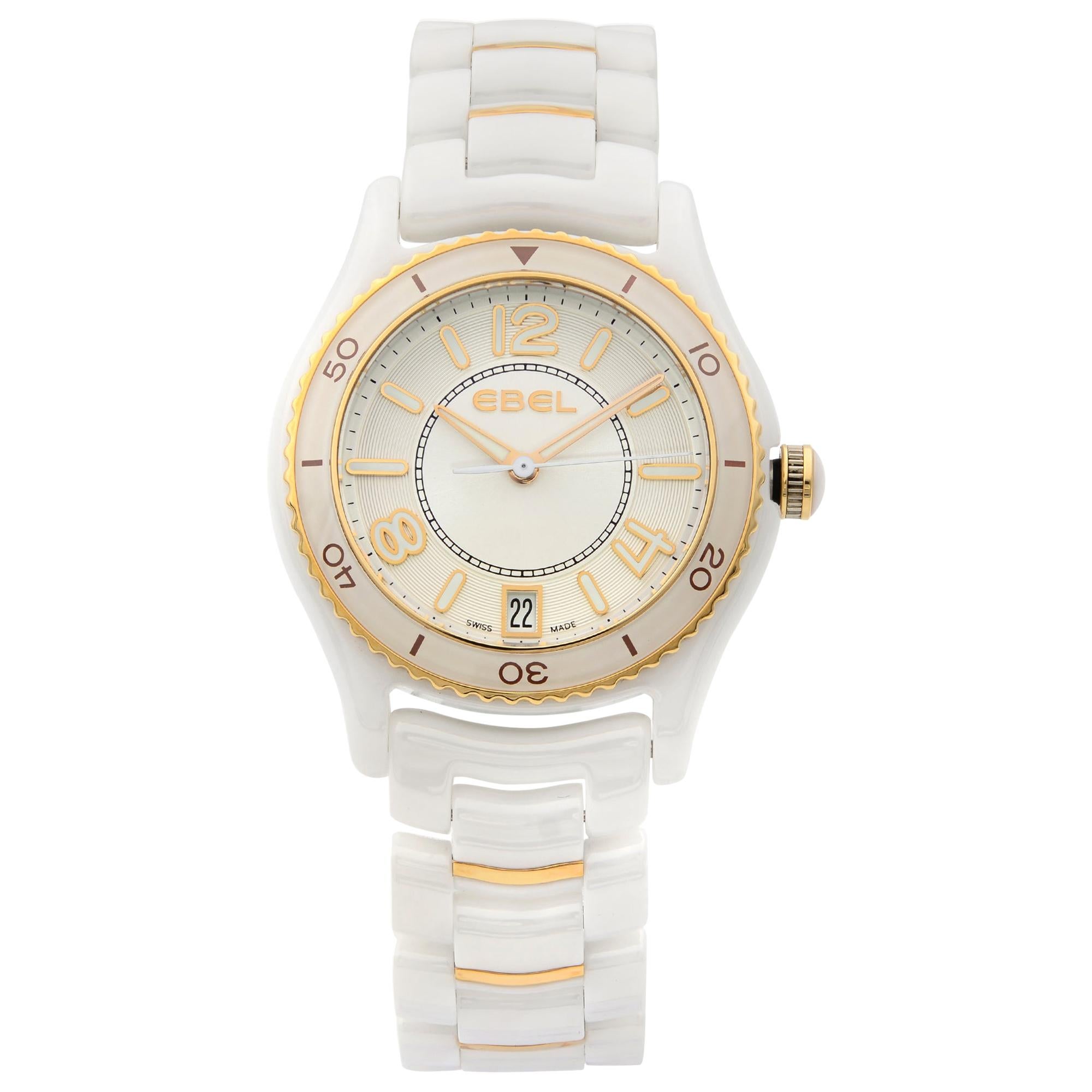 Ebel X-1 White Ceramic 18K Gold Date Silver Dial Quartz Ladies Watch 1216113