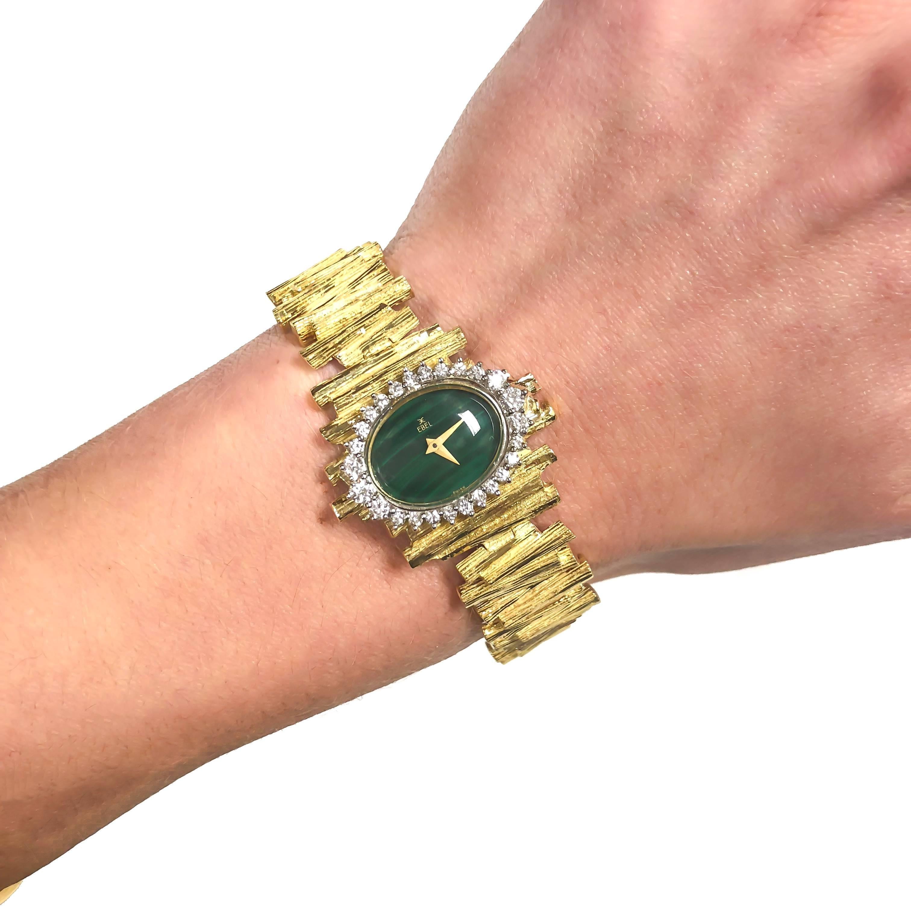 Ebel Yellow Gold Diamond Malachite Dial Manual wind Wristwatch, circa 1960s 2