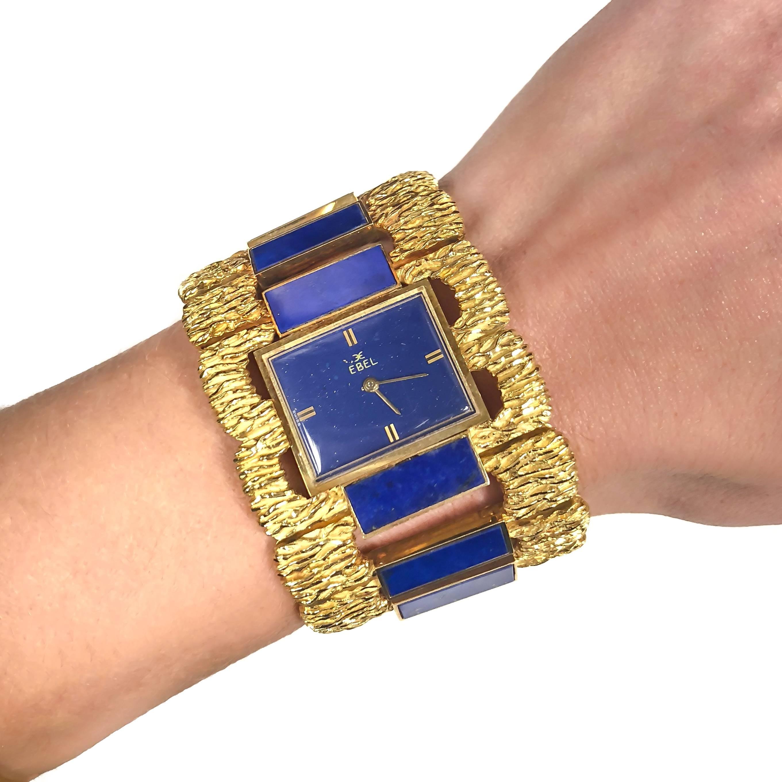 Women's or Men's Ebel Yellow Gold Lapis Lazuli Large Manual wind Wristwatch, 1970s  For Sale