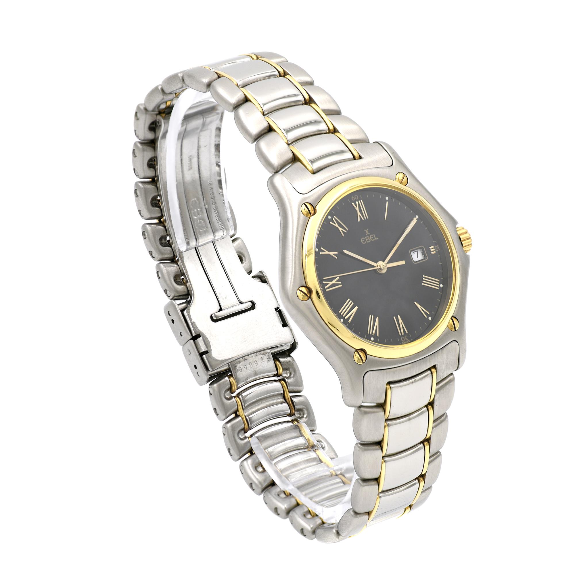 18k yellow gold and steel Ebel 1911 with Ebel band. Reliable Quartz movement. Water resistant. 

18k yellow gold and steel 
Strap length: 7.5 inches 
86.4 grams 
Length: 38mm 
Width: 33mm 
Band width at case: 14mm 
Case thickness: 7.56mm 
Band: 18k