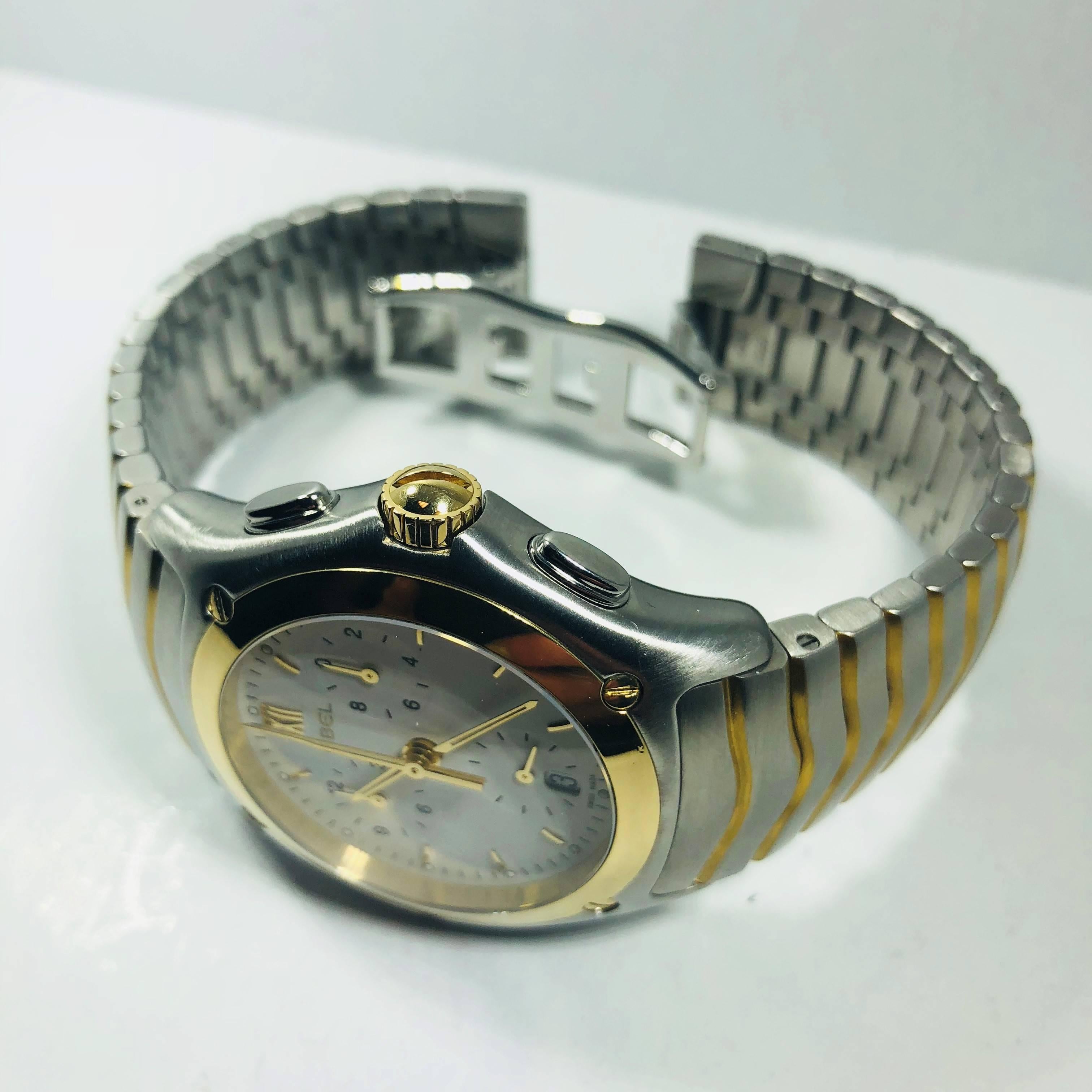 Ebel Yellow Gold Stainless Steel Wave Chronograph quartz Wristwatch In Excellent Condition In Mansfield, OH