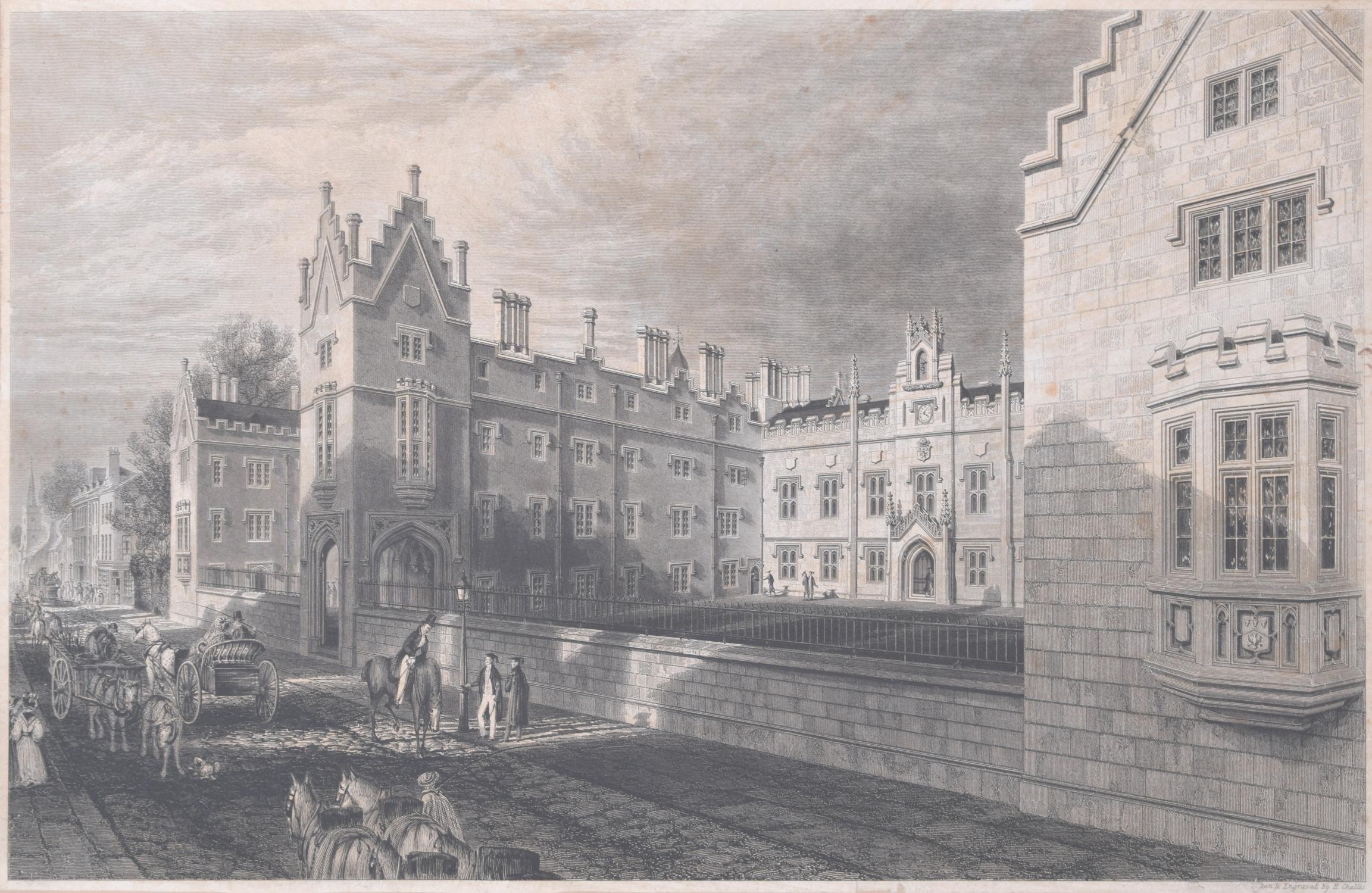 Ebenezer Challis Landscape Print – Gravur am Sidney Sussex College in Cambridge und in der Sidney Street  von Challis