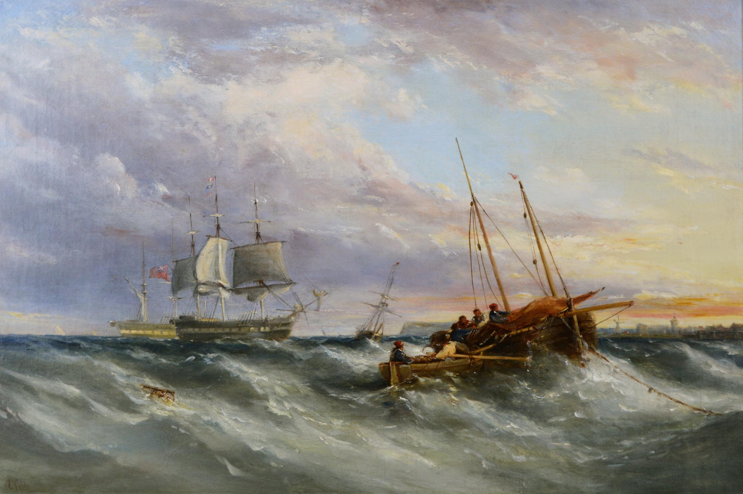 19th Century seascape oil painting of ships off a Dutch coast  - Painting by Ebenezer Colls