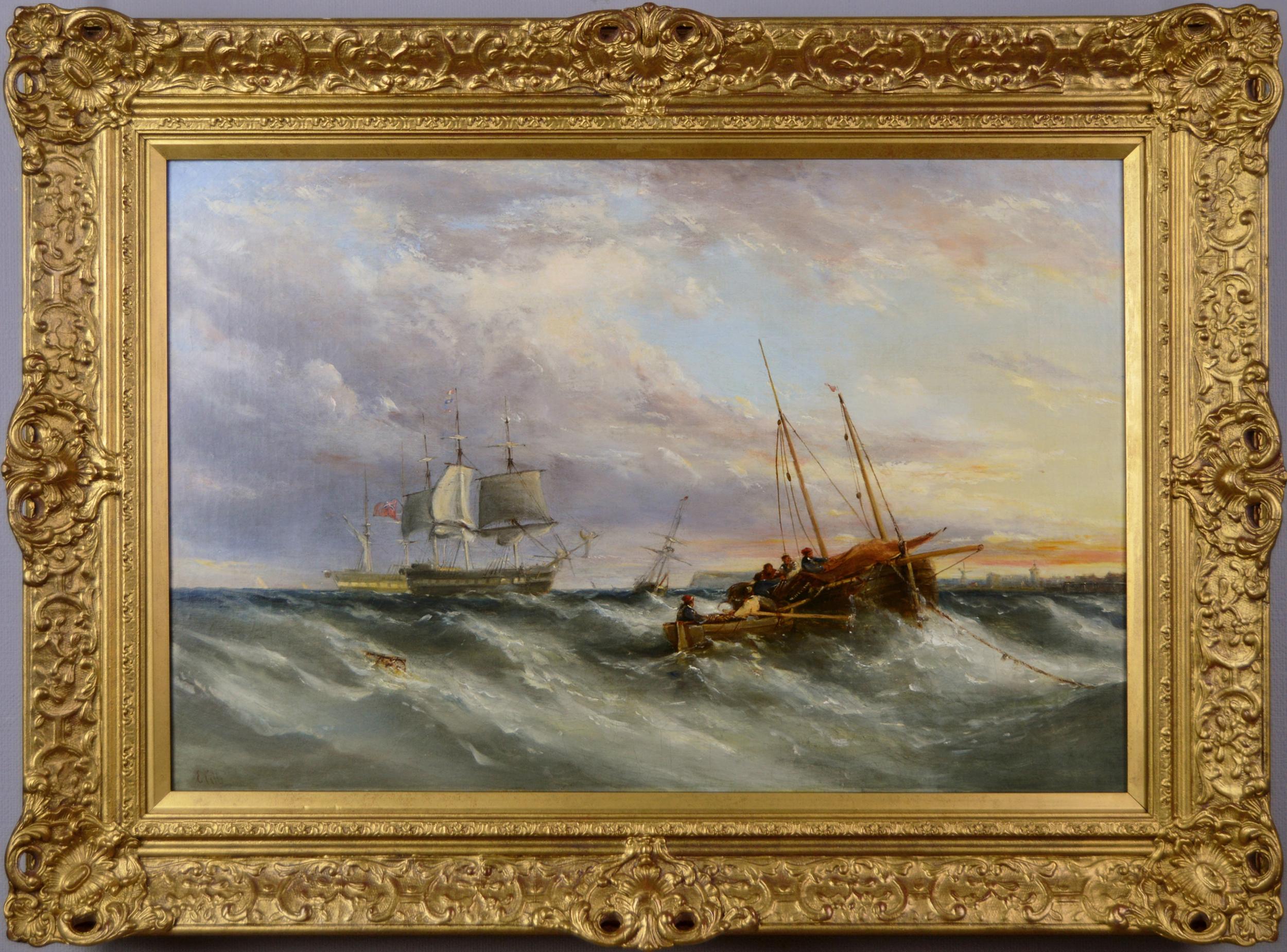 Ebenezer Colls Landscape Painting - 19th Century seascape oil painting of ships off a Dutch coast 