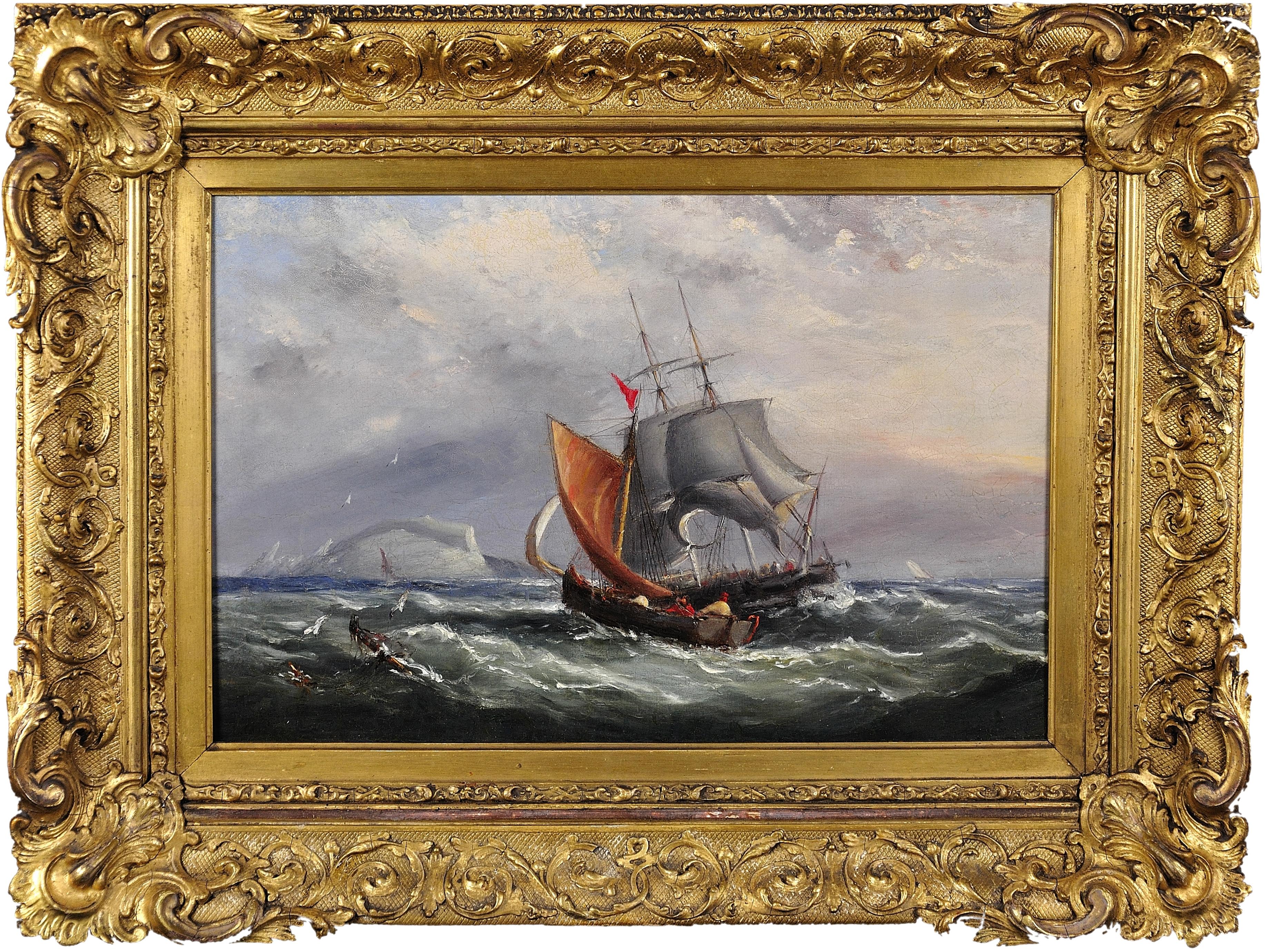 Ebenezer Colls Landscape Painting - Landing the Pilot, off the Needles, Isle of Wight. Original Marine Oil Painting