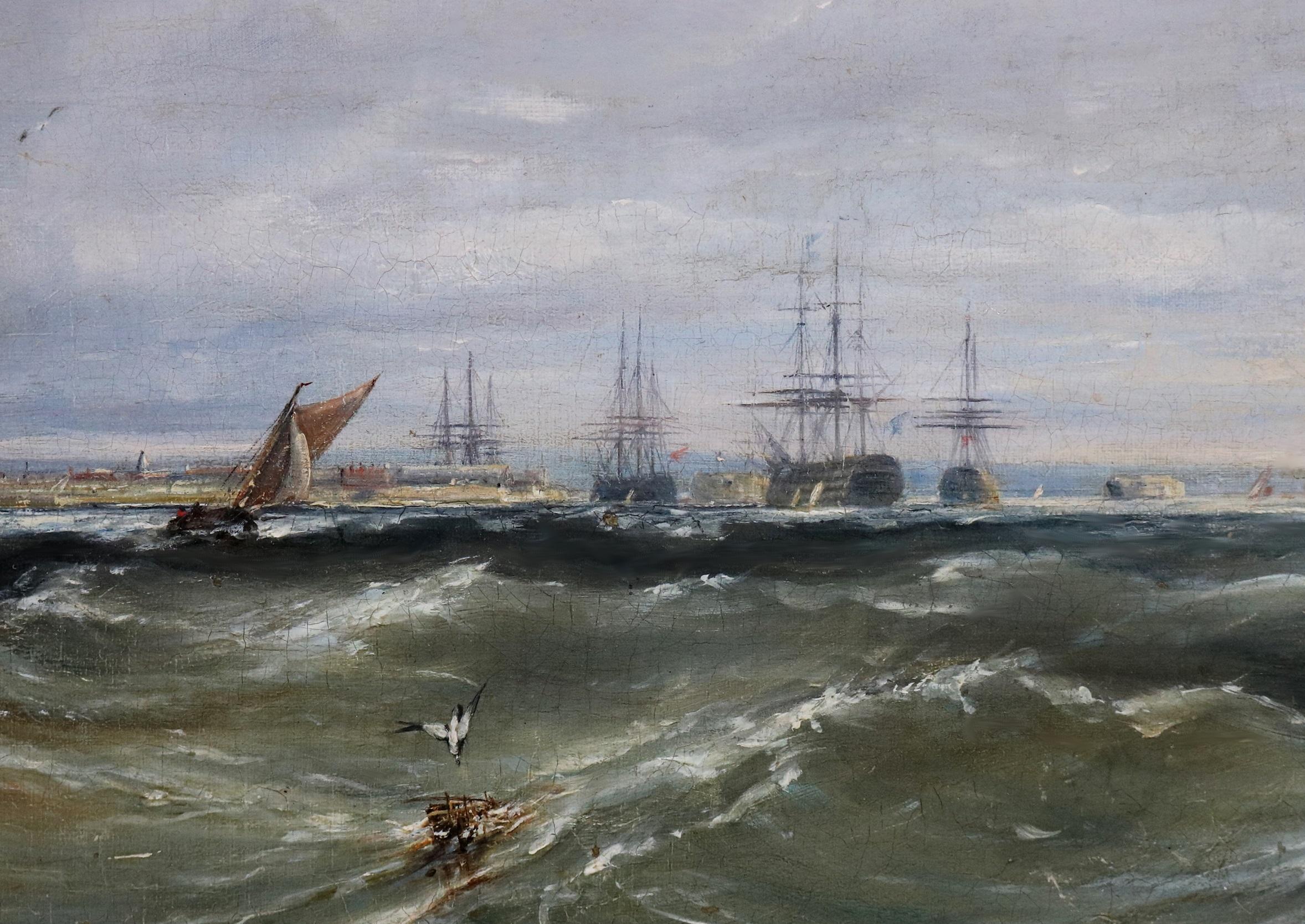 La Manche, au large de Pompey - Grande peinture à l'huile de Martime du XIXe siècle en vente 5