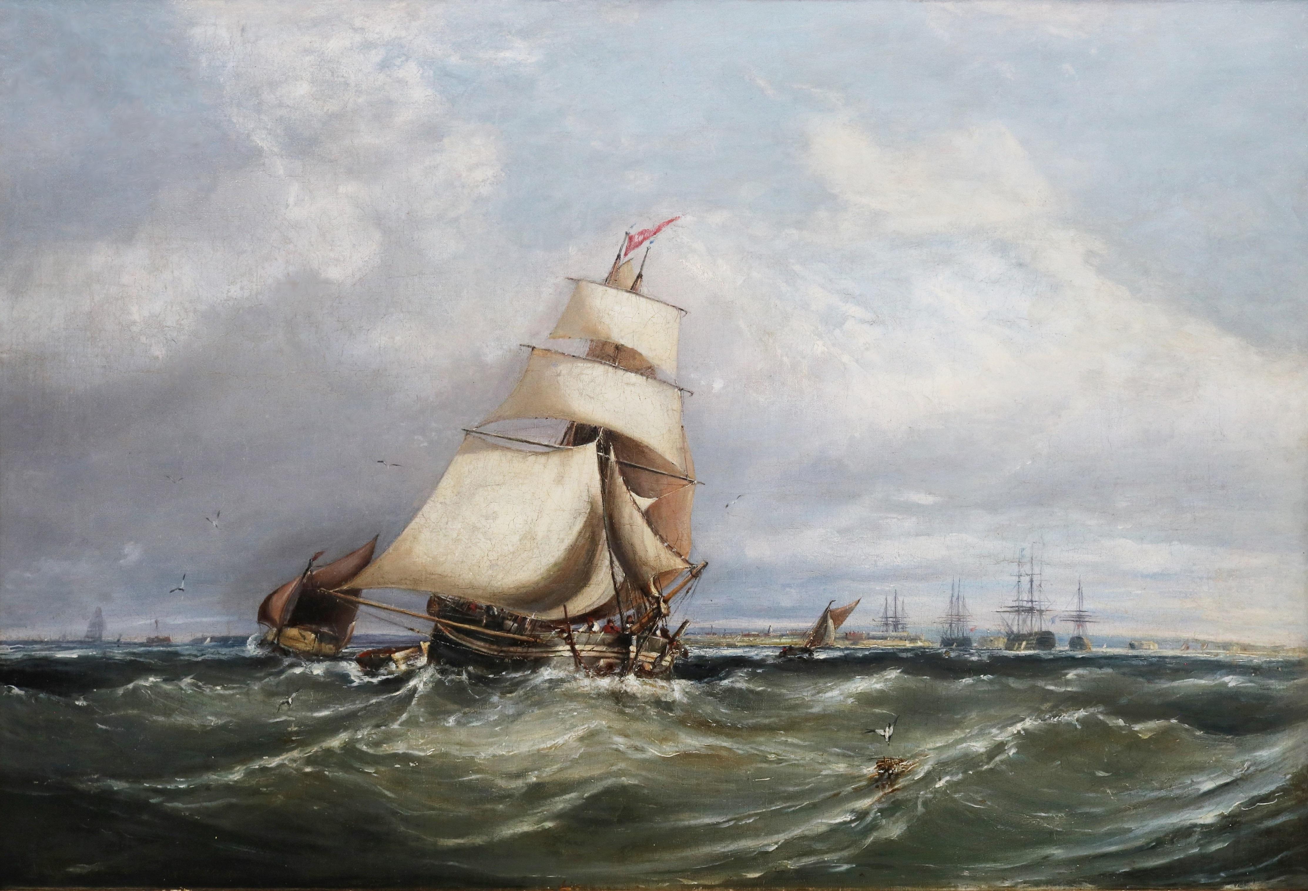 La Manche, au large de Pompey - Grande peinture à l'huile de Martime du XIXe siècle - Painting de Ebenezer Colls
