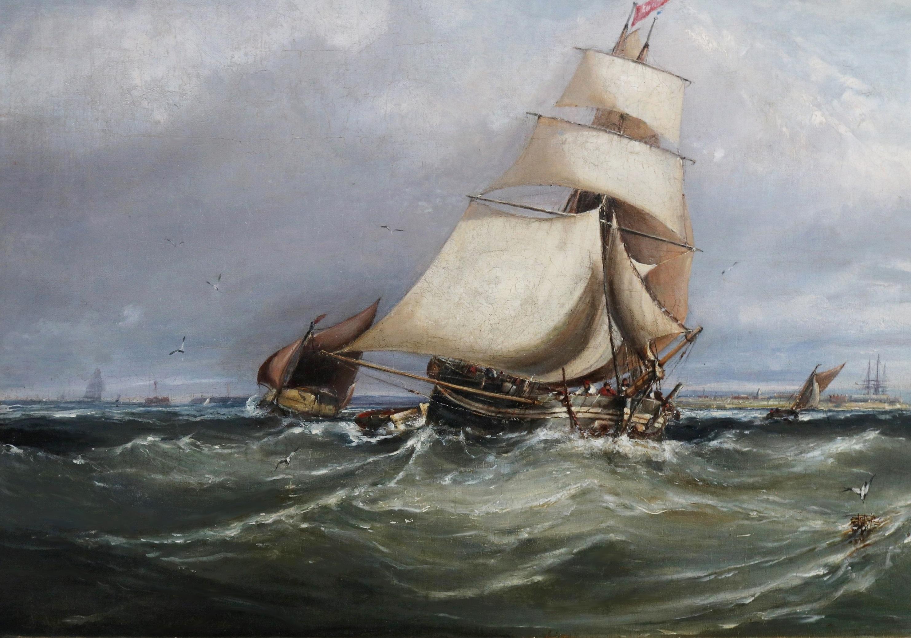 La Manche, au large de Pompey - Grande peinture à l'huile de Martime du XIXe siècle - Gris Landscape Painting par Ebenezer Colls