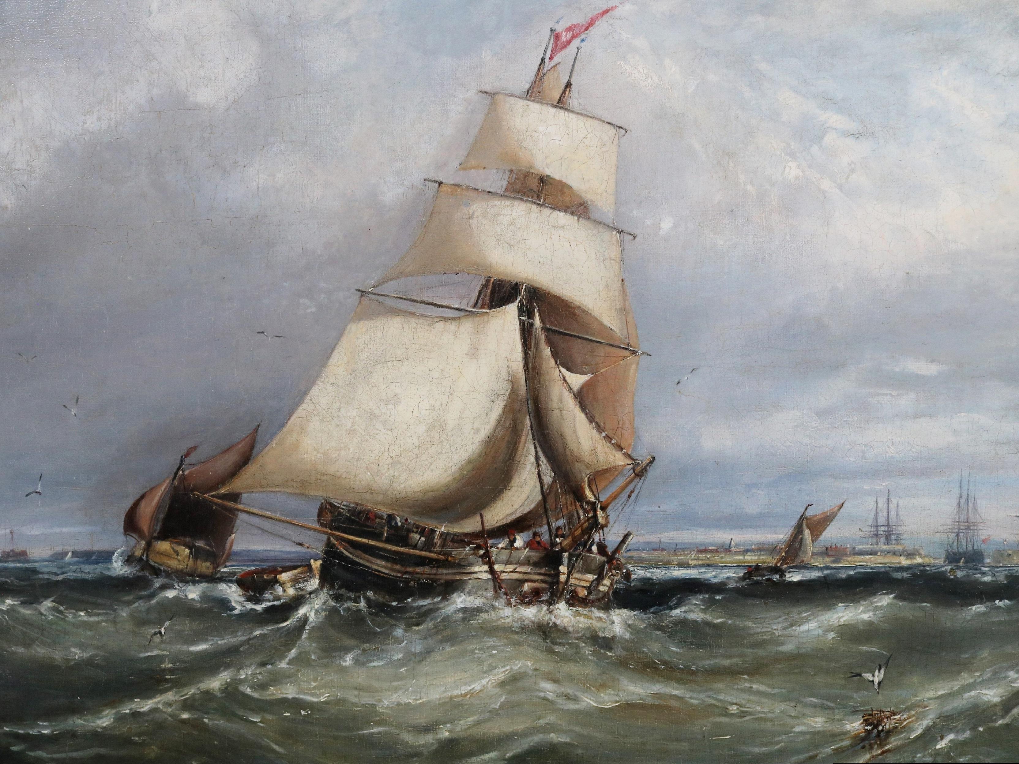 La Manche, au large de Pompey - Grande peinture à l'huile de Martime du XIXe siècle en vente 1