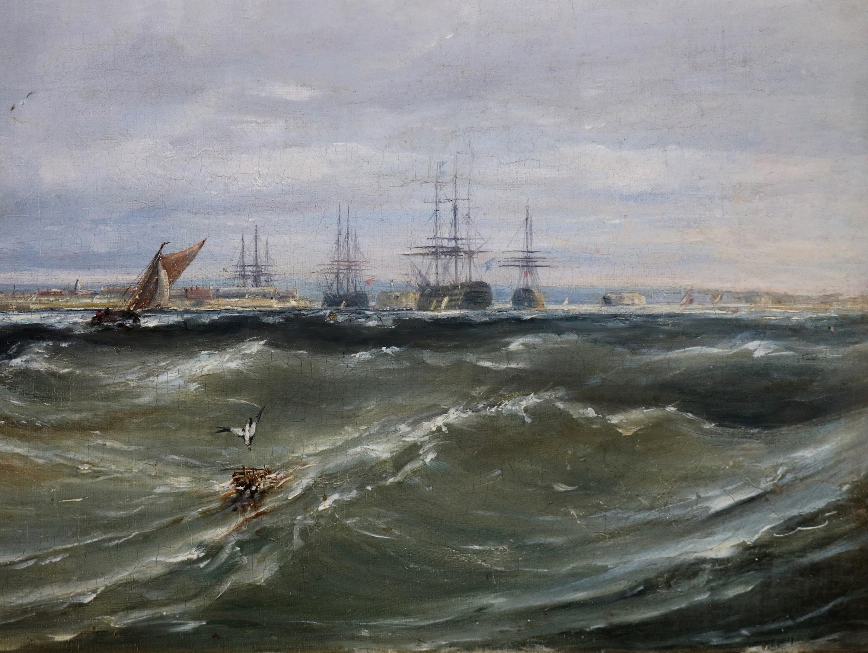 La Manche, au large de Pompey - Grande peinture à l'huile de Martime du XIXe siècle en vente 3