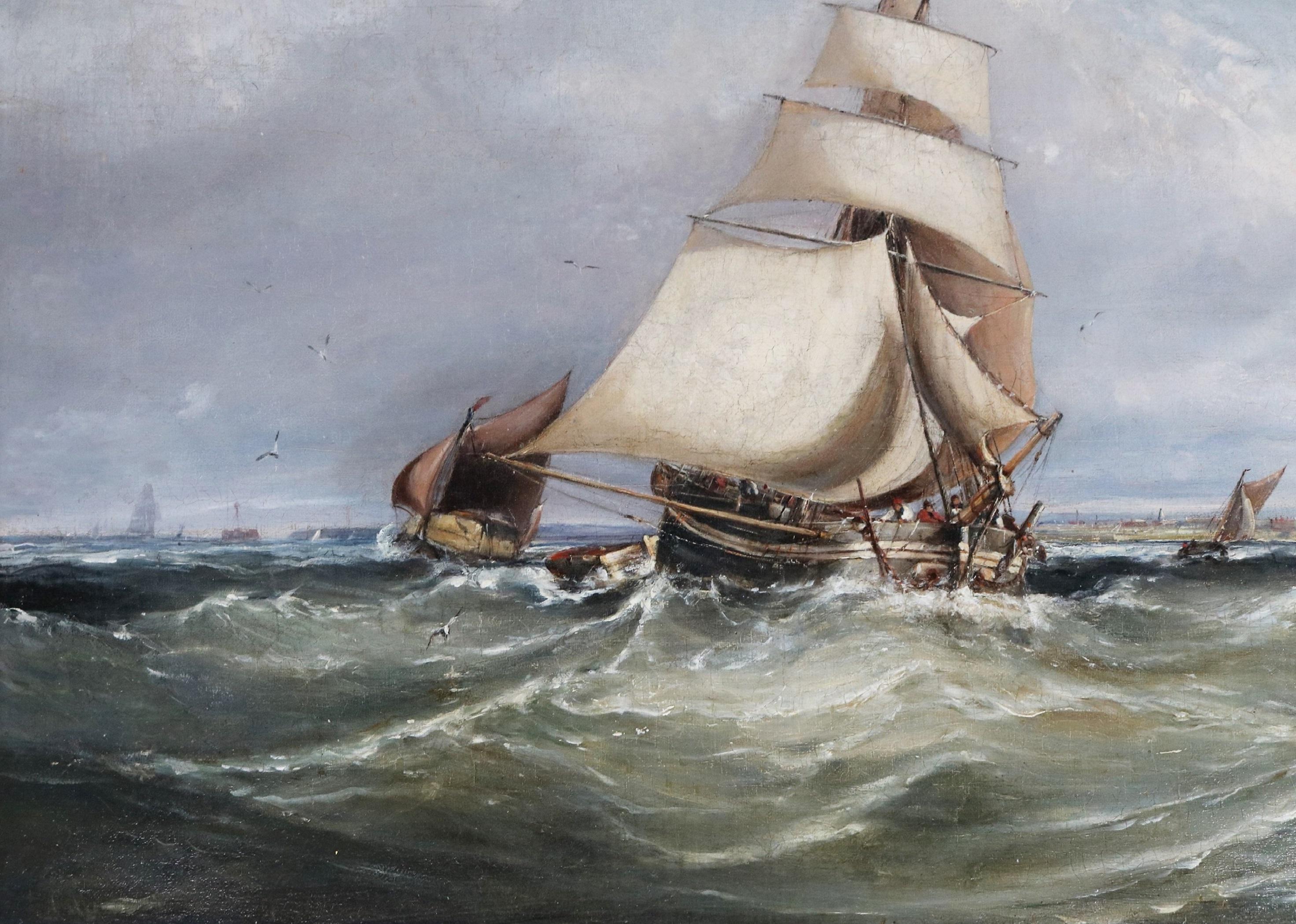 La Manche, au large de Pompey - Grande peinture à l'huile de Martime du XIXe siècle en vente 4