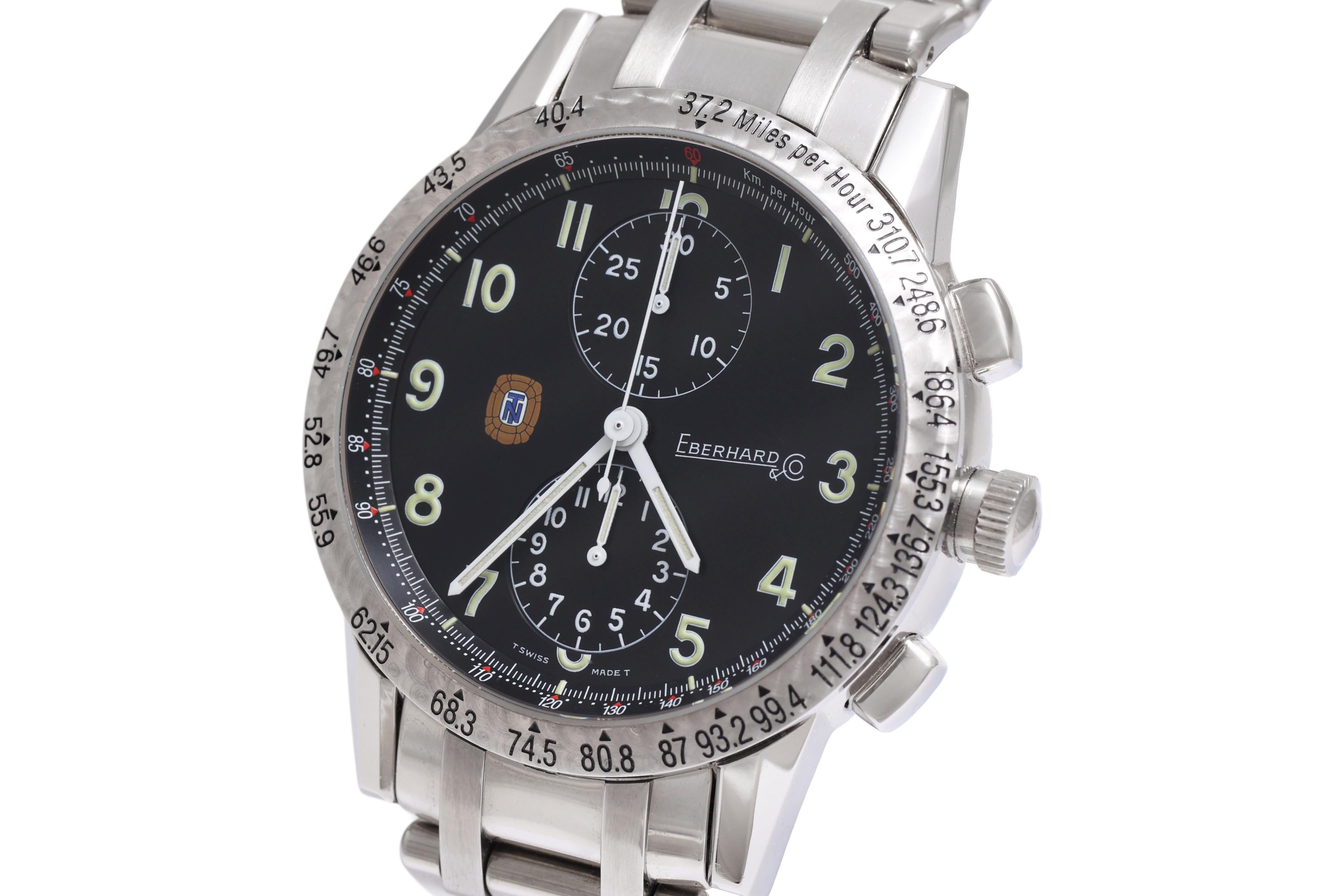 EBERHARD CHRONOGRAPHE TAZIO NOVULARI NEUF EN  BOÎTE AVEC TOUS LES DOCUMENTS DE GARANTIE

ÉDITION SPÉCIALE LIMITÉE COMMÉMORATIVE DES 100 ANS

MOUVEMENT : mécanique à remontage automatique, calibre Valjoux 7750, 25 Jewell ; 28.800 A/h, réserve de