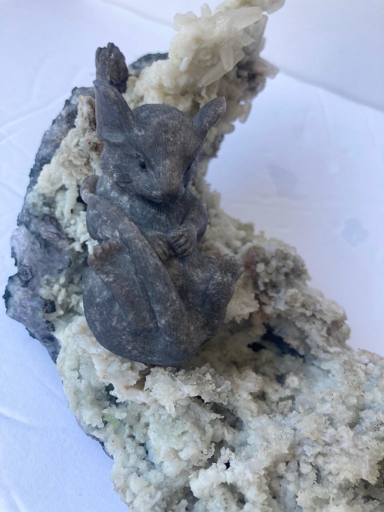 Modern Eberhard Bank, Obsidian Sculpture / Carving of Mice on Calcite, Idar-Oberstein For Sale