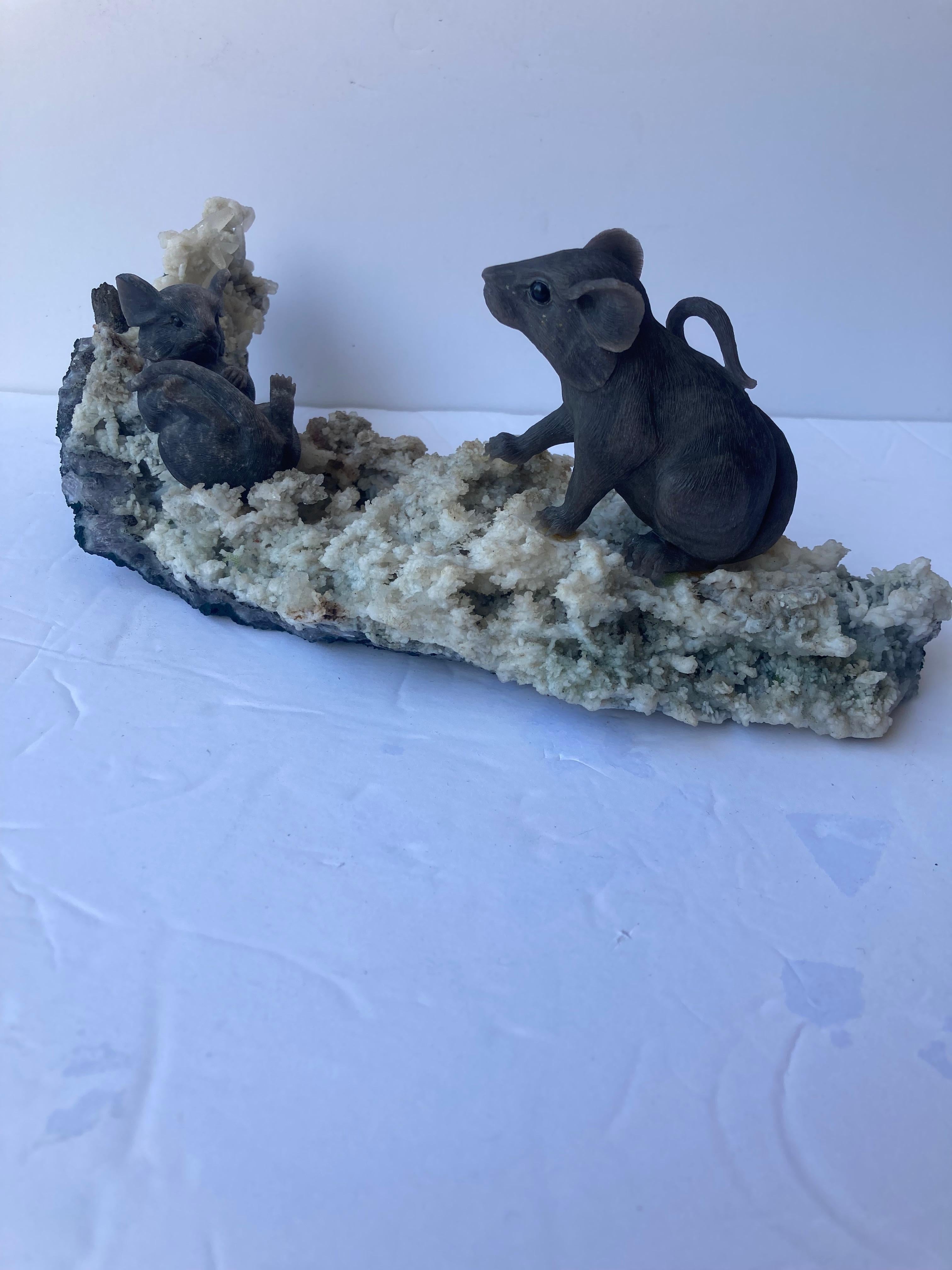 Modern Eberhard Bank, Obsidian Sculpture / Carving of Mice on Calcite, Idar-Oberstein For Sale