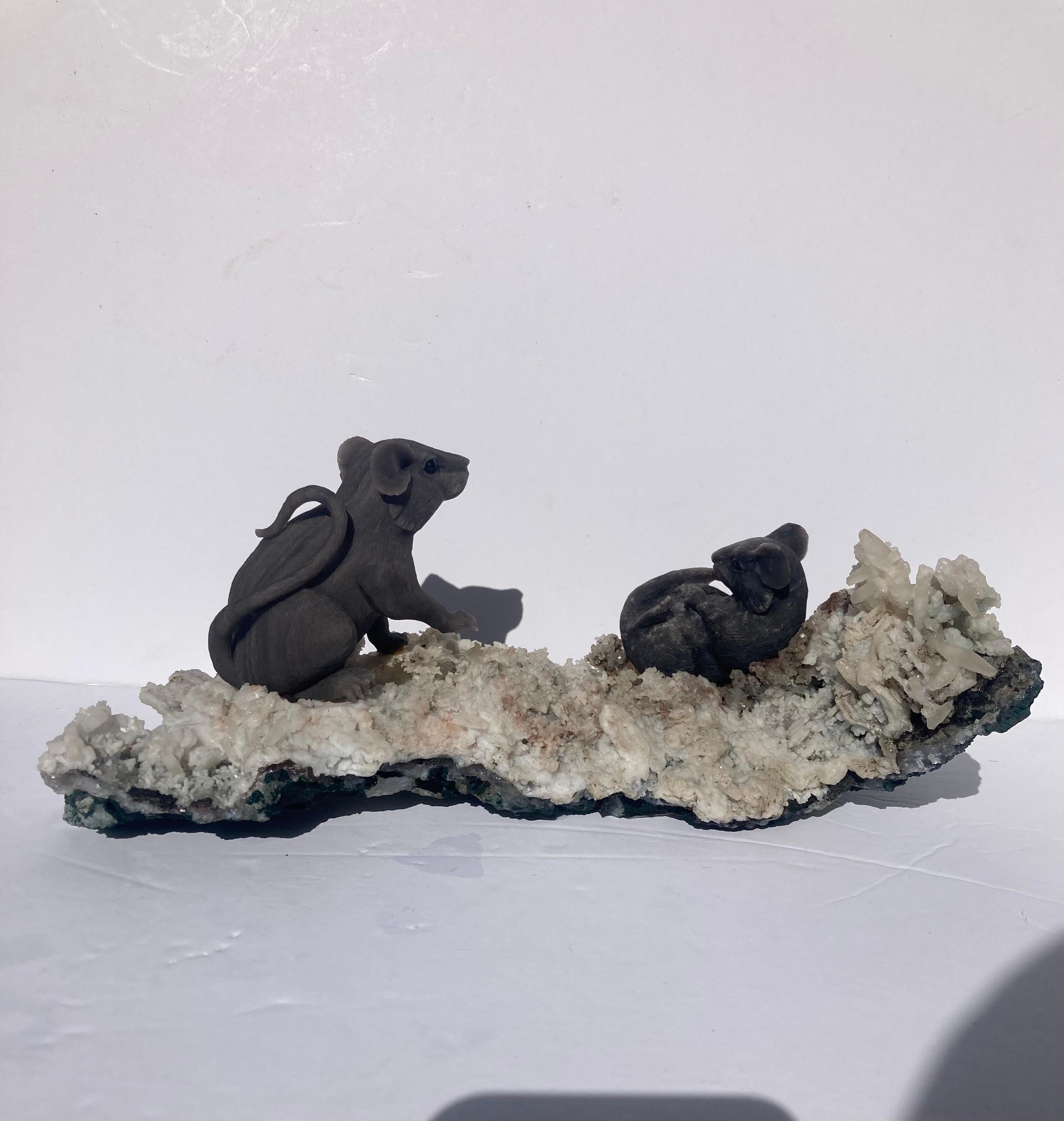 Hand-Crafted Eberhard Bank, Obsidian Sculpture / Carving of Mice on Calcite, Idar-Oberstein For Sale