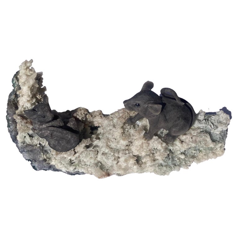 Eberhard Bank, Obsidian Sculpture / Carving of Mice on Calcite, Idar-Oberstein For Sale