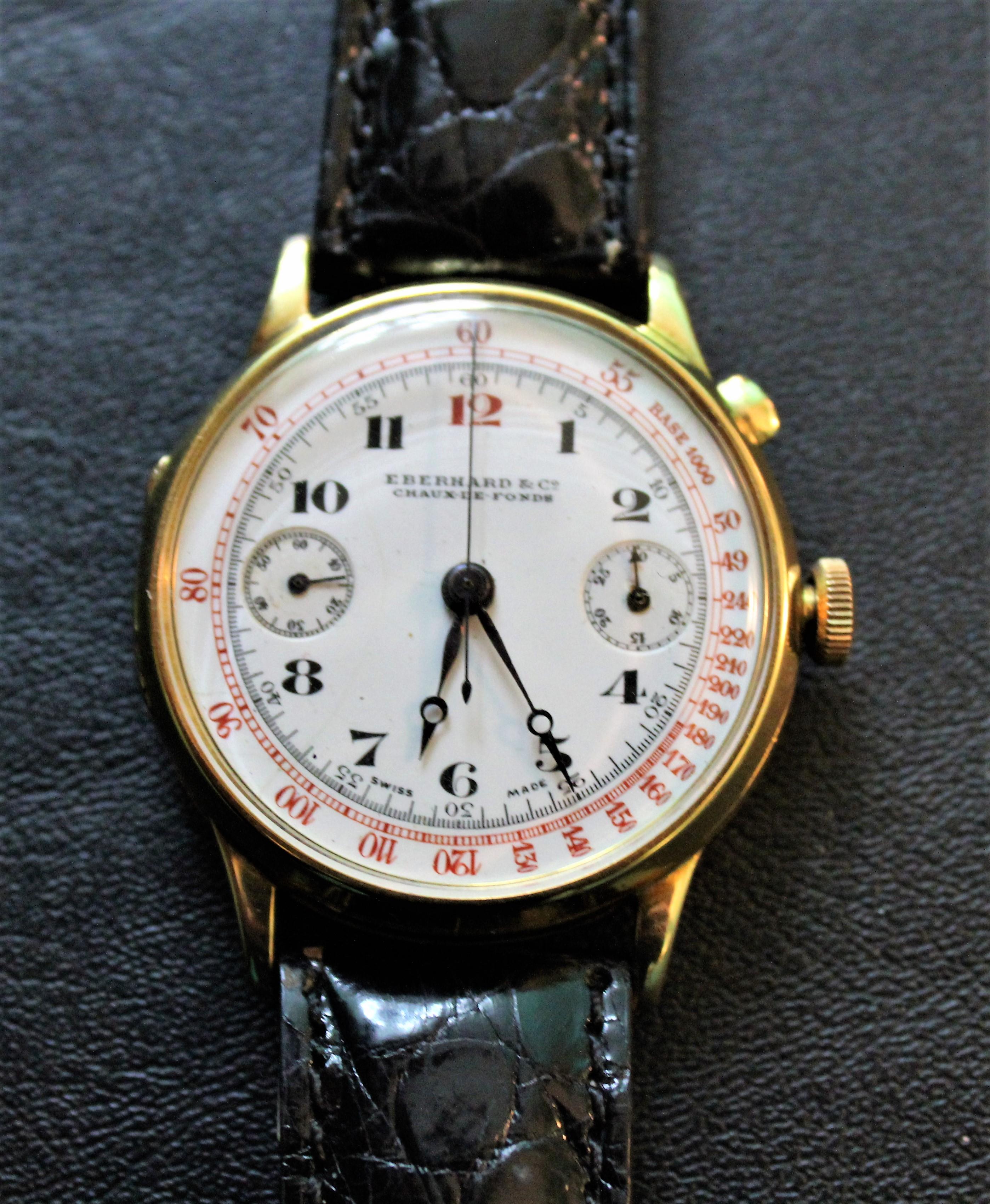 Eberhard & CO wrist watch 18K gold, cronograph, manual winding.
Switzerland 1920s. 
Model precedent to the 