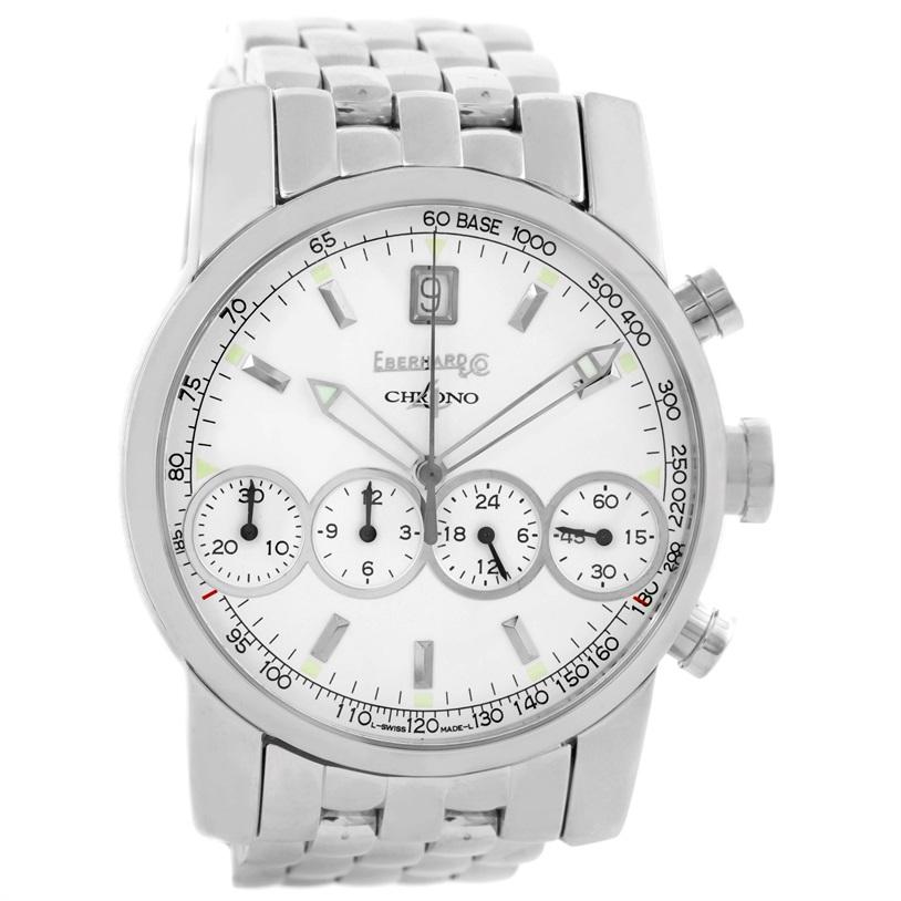 Eberhard Chrono 4 Stainless Steel Chronograph Mens Watch 31041. Automatic self-winding movement. Stainless steel round case 40.0 mm in diameter. Screw-in crown. Caseback fixed by 8 screws. Domed scratch-resistant sapphire crystal. White dial with