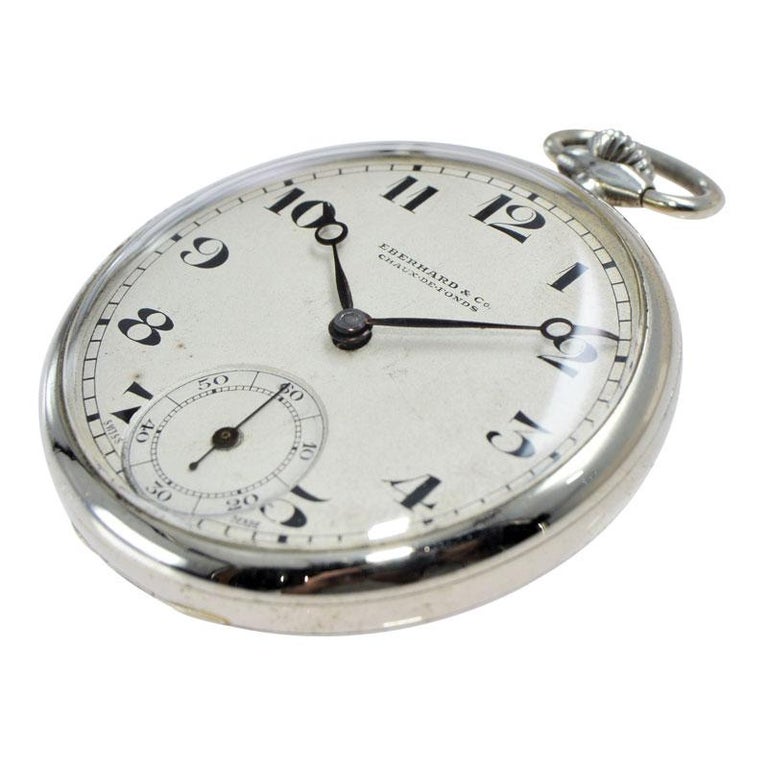 Eberhard and Co. Nickel Silver Open Faced Manual Pocket Watch, circa 1930 For Sale at 1stDibs
