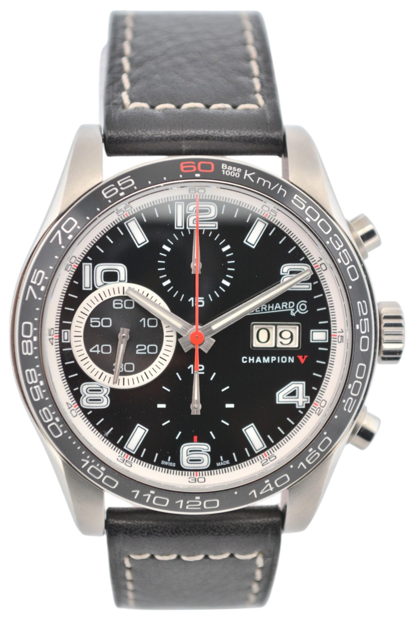 Eberhard&Co Champion V Chrono Gran Data 43mm Schwarzes Zifferblatt Lederarmband Ref: 31064 im Angebot 8