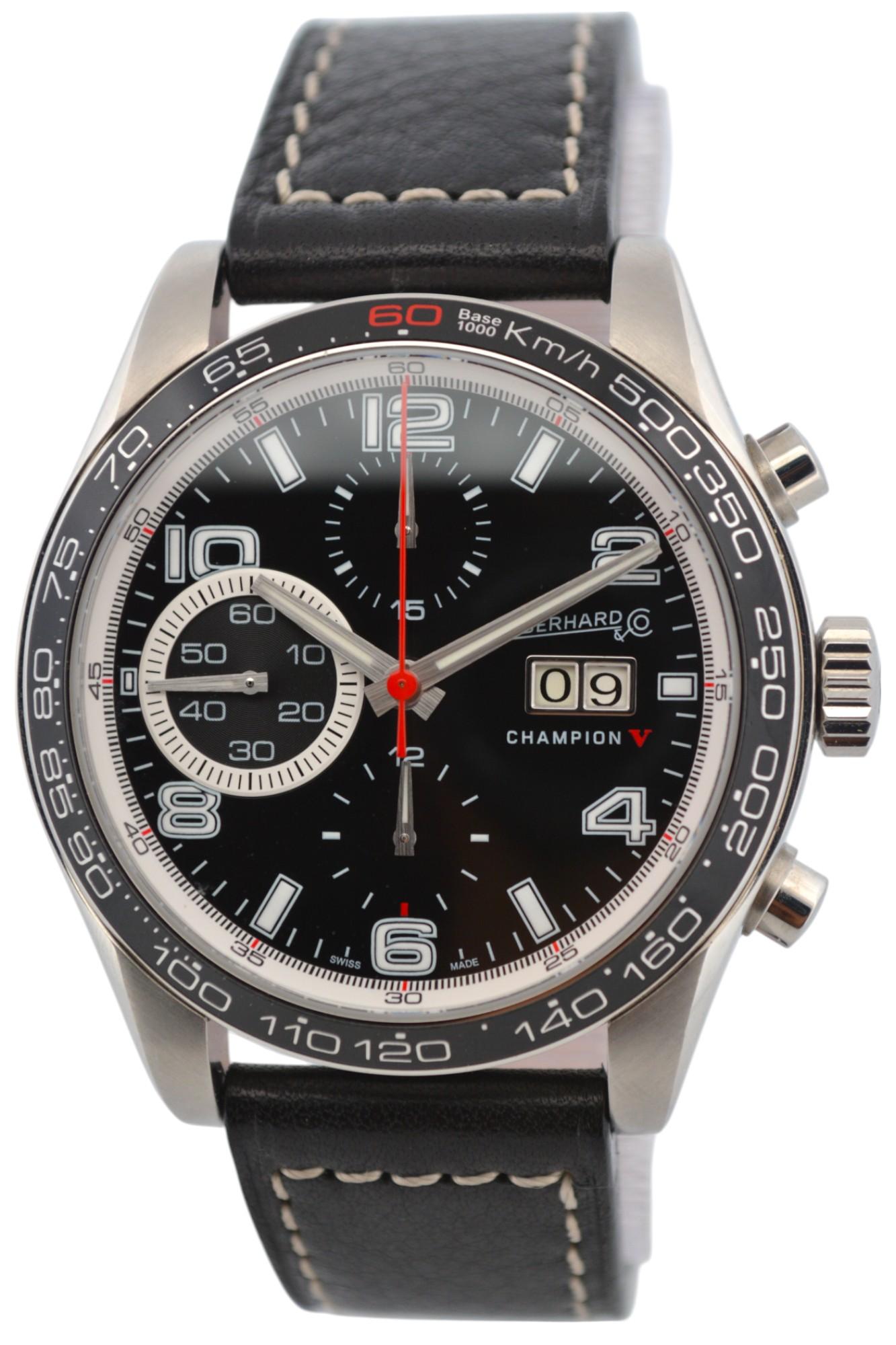 Eberhard&Co Champion V Chrono Gran Data 43mm Schwarzes Zifferblatt Lederarmband Ref: 31064 im Angebot 9