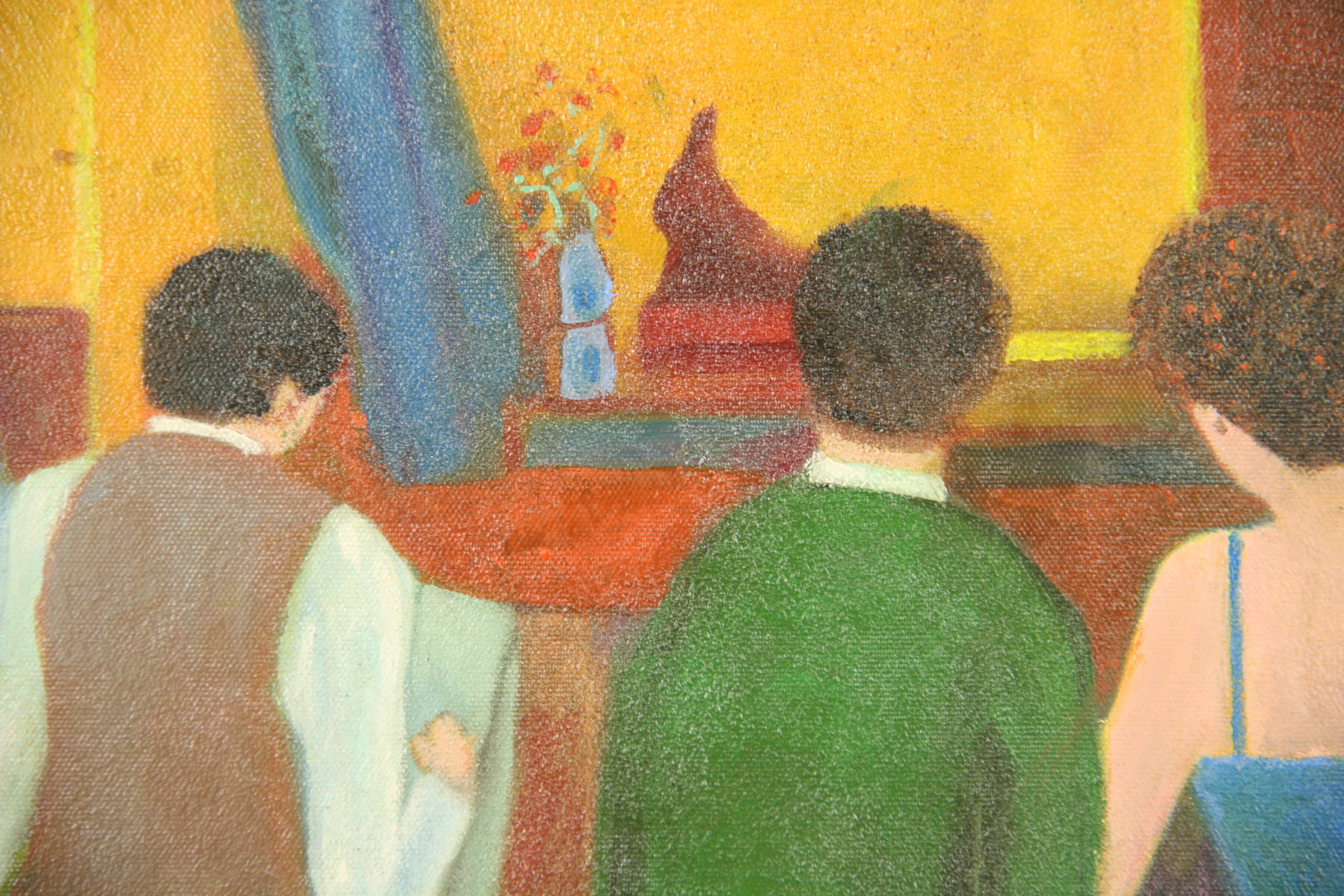 Amerikanische Vintage-Interieurszene „Friday Nite Bar PickUp“ 1970er Jahre (Beige), Figurative Painting, von E.Blick