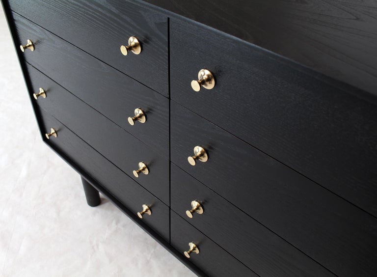 Ebonised Black Lacquer Double Dresser with Brass Pulls For Sale at