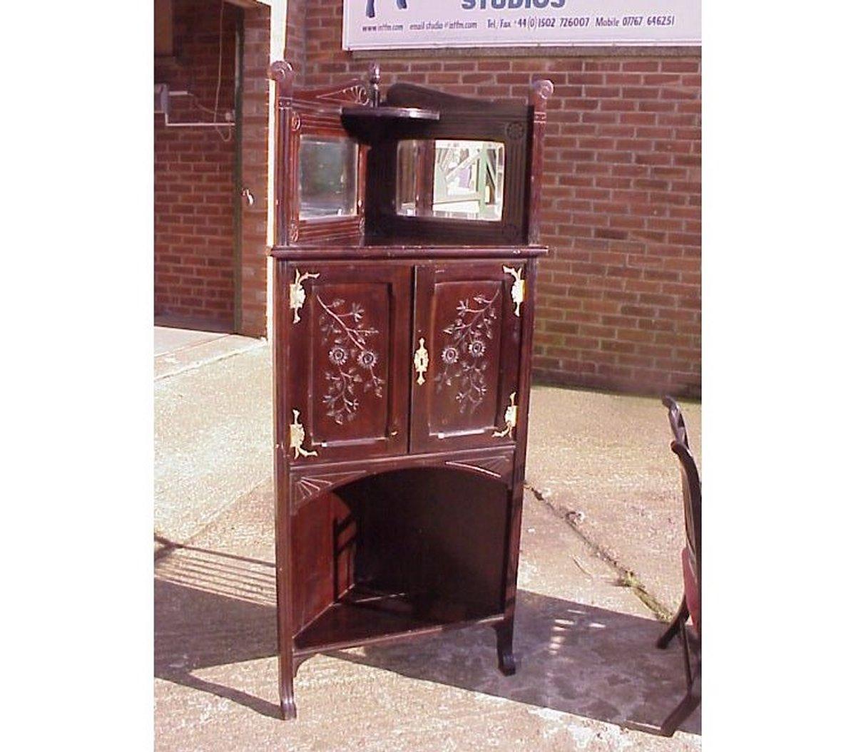 British An Aesthetic Movement Mahogany Corner Cabinet with Incised Floral Decoration For Sale