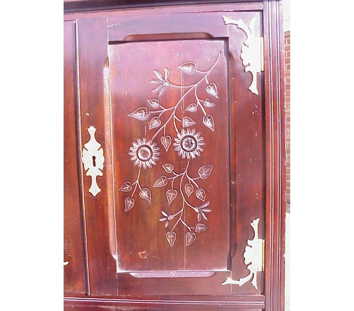 An Aesthetic Movement Mahogany Corner Cabinet with Incised Floral Decoration For Sale 1