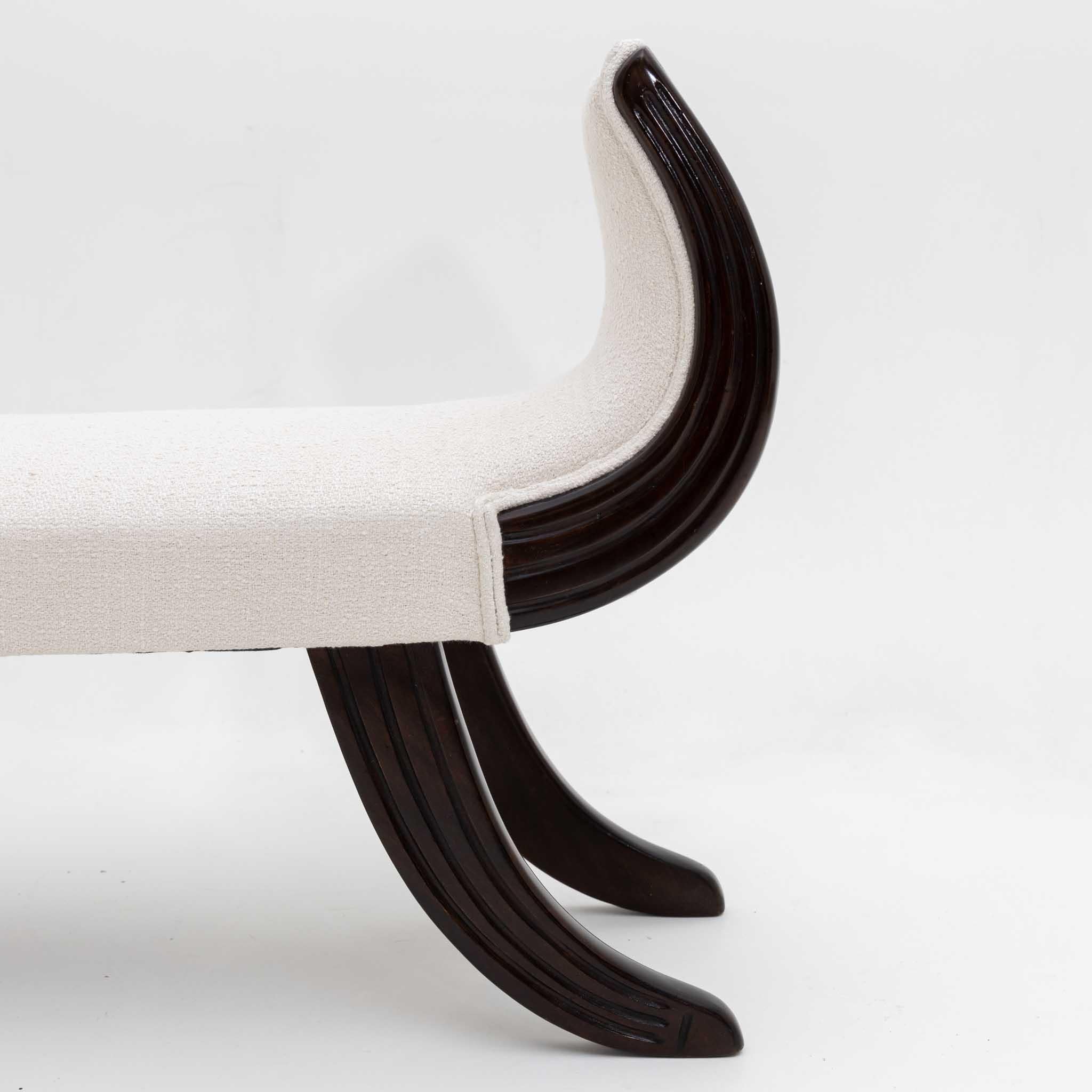 Art Nouveau Ebonised Bench with white Bouclé Cover, Italy 1st Half 20th Century For Sale