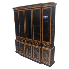 Ebonised Beveled Glass Doors Chinoiserie Two Part Break Front Vitrine Light MINT