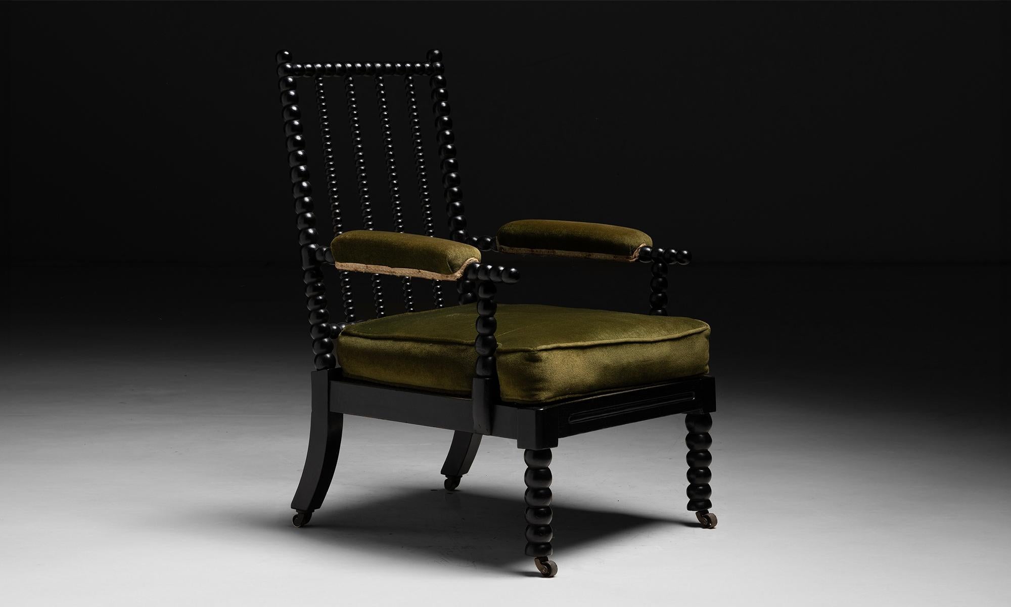 England circa 1820
Ebonised frame in original green velvet upholstery.
26.5”w x 27”d x 38.25”h x 17”seat