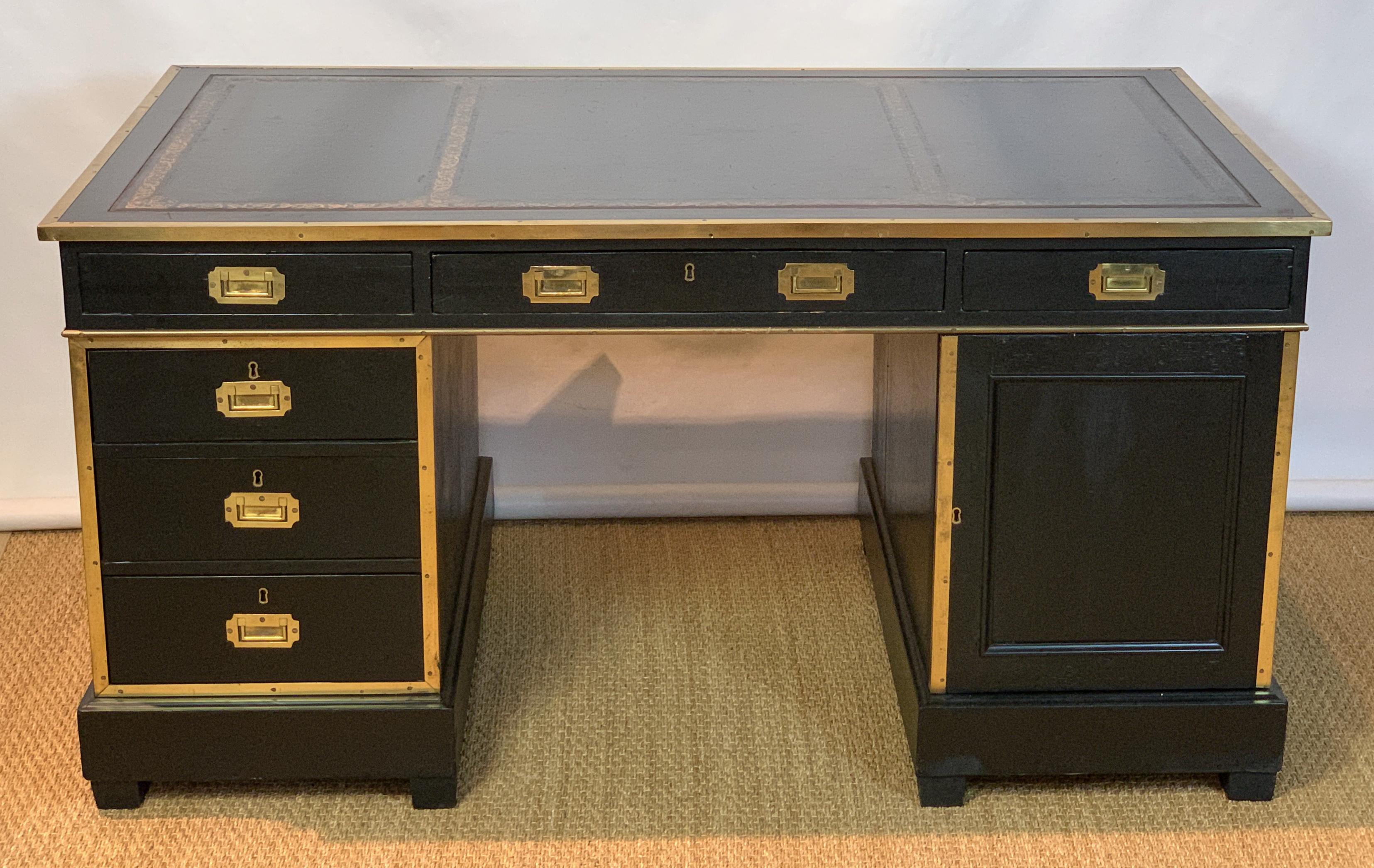 Hand-Crafted Ebonized Campaign Style Partners Desk
