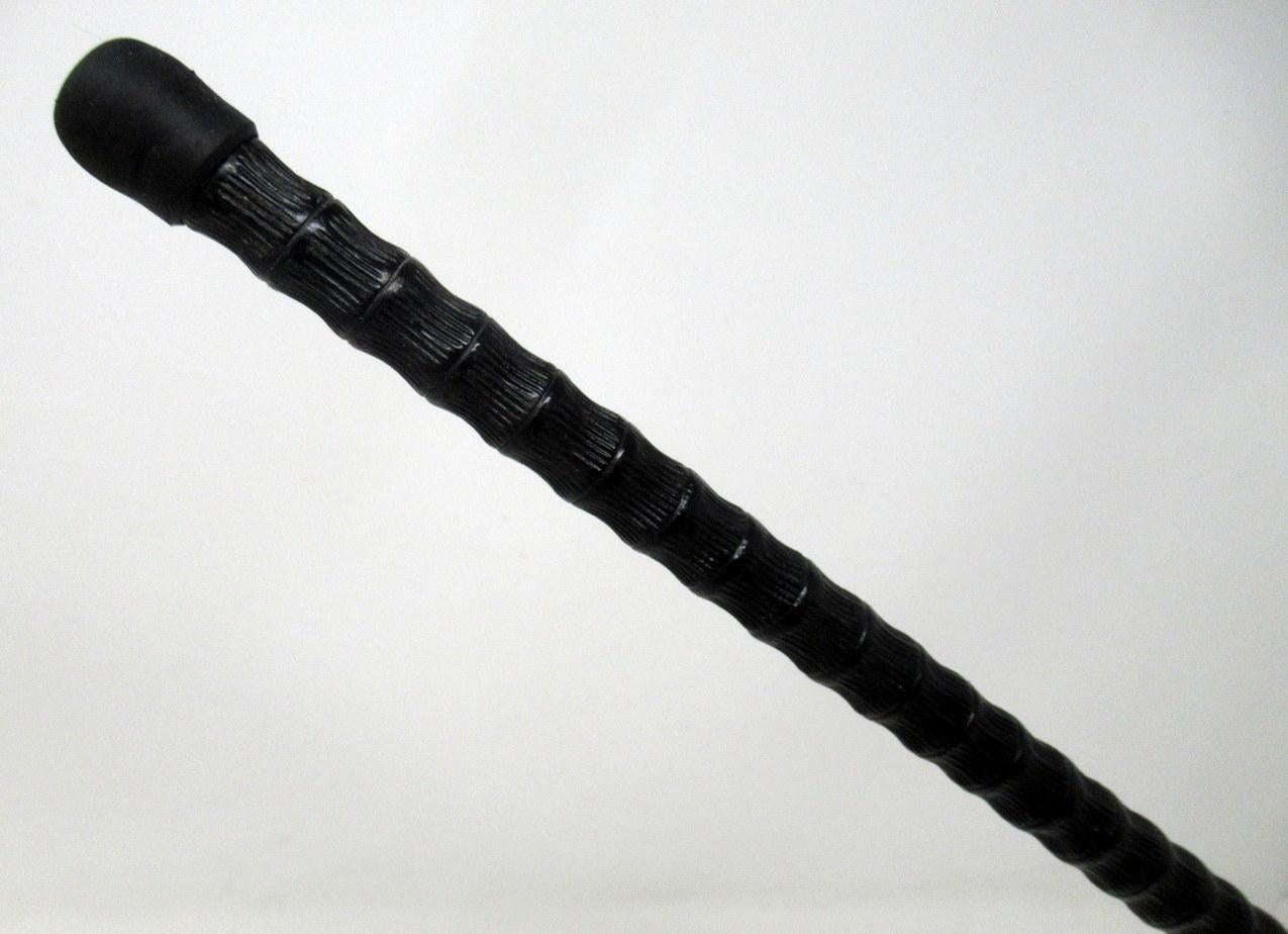 Ebonised Carved Wood Walking Stick Cane Crook Handle Sterling Silver Collar 1915 5