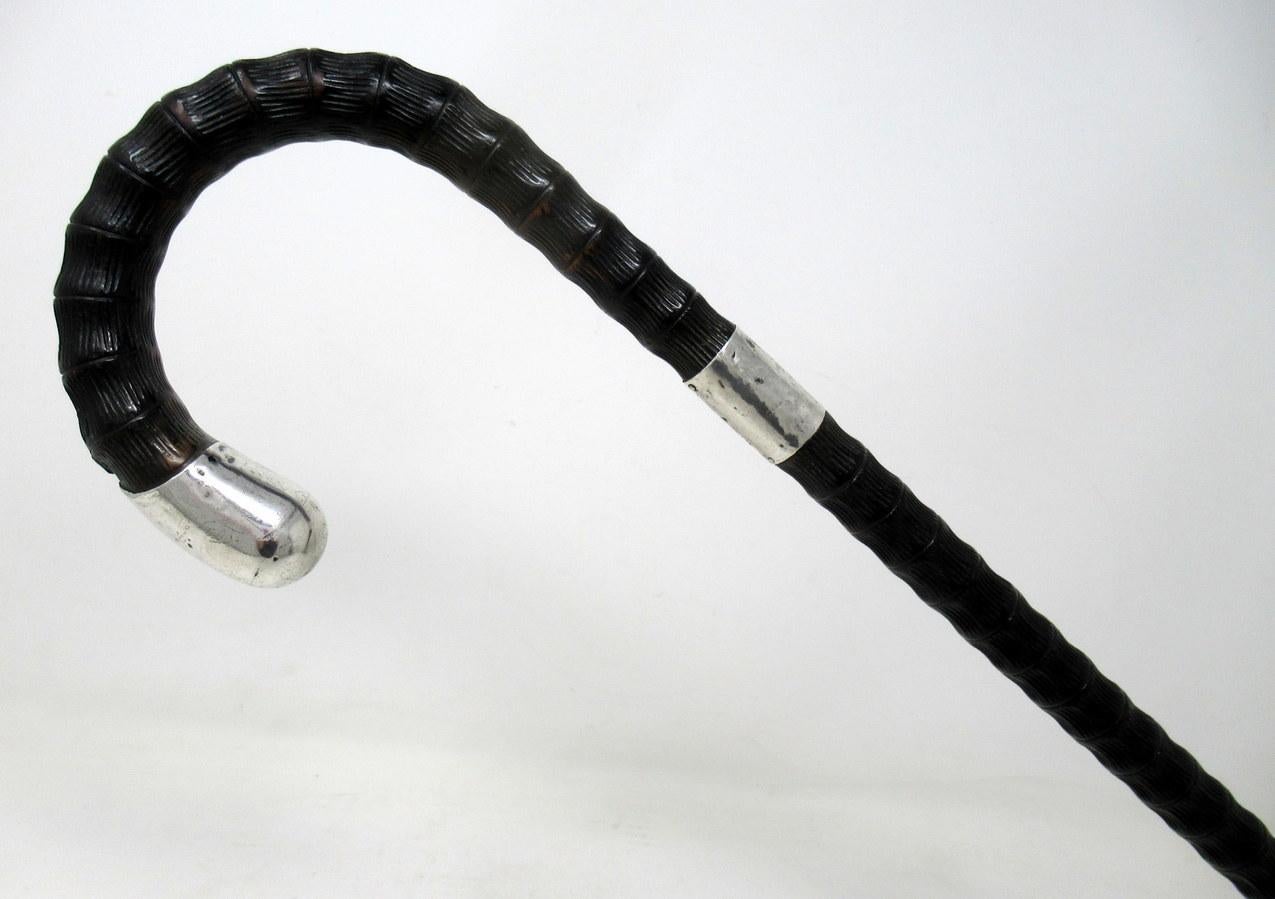 A very fine quality ladies or gentleman's hand carved and ebonized walking stick of outstanding quality, with very stylish crook handle mounted with a plain silver tip and collar. 

Complete with later heavy gauge rubber ferrule. 

Makers Mark