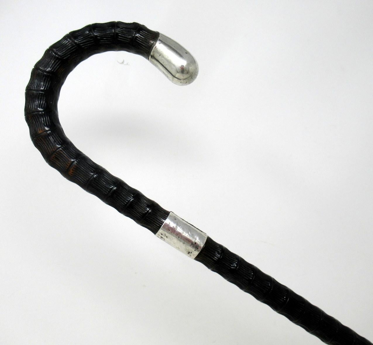 Ebonised Carved Wood Walking Stick Cane Crook Handle Sterling Silver Collar 1915 In Good Condition In Dublin, Ireland