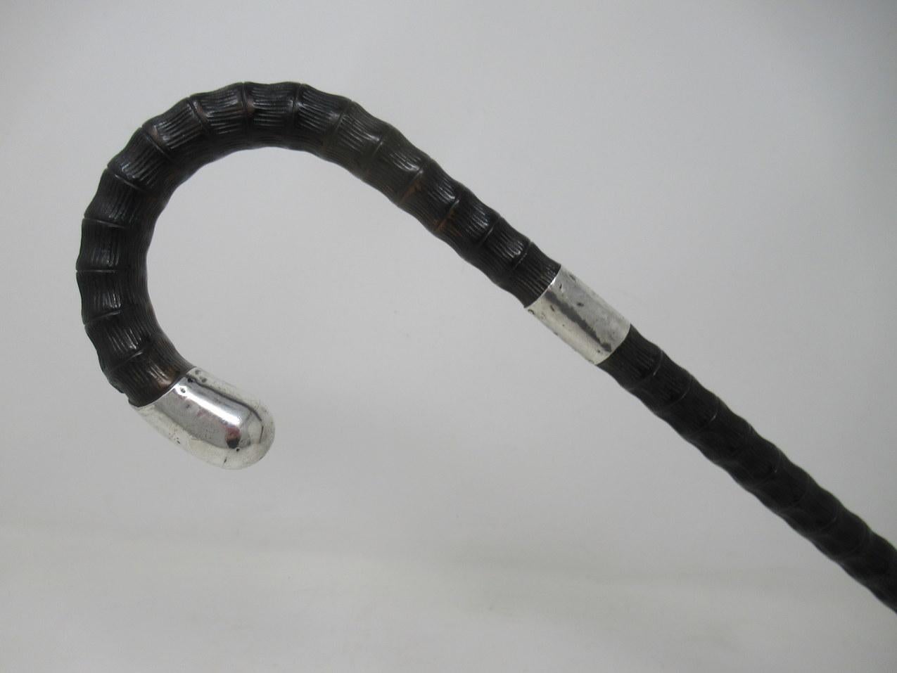 19th Century Ebonised Carved Wood Walking Stick Cane Crook Handle Sterling Silver Collar 1915