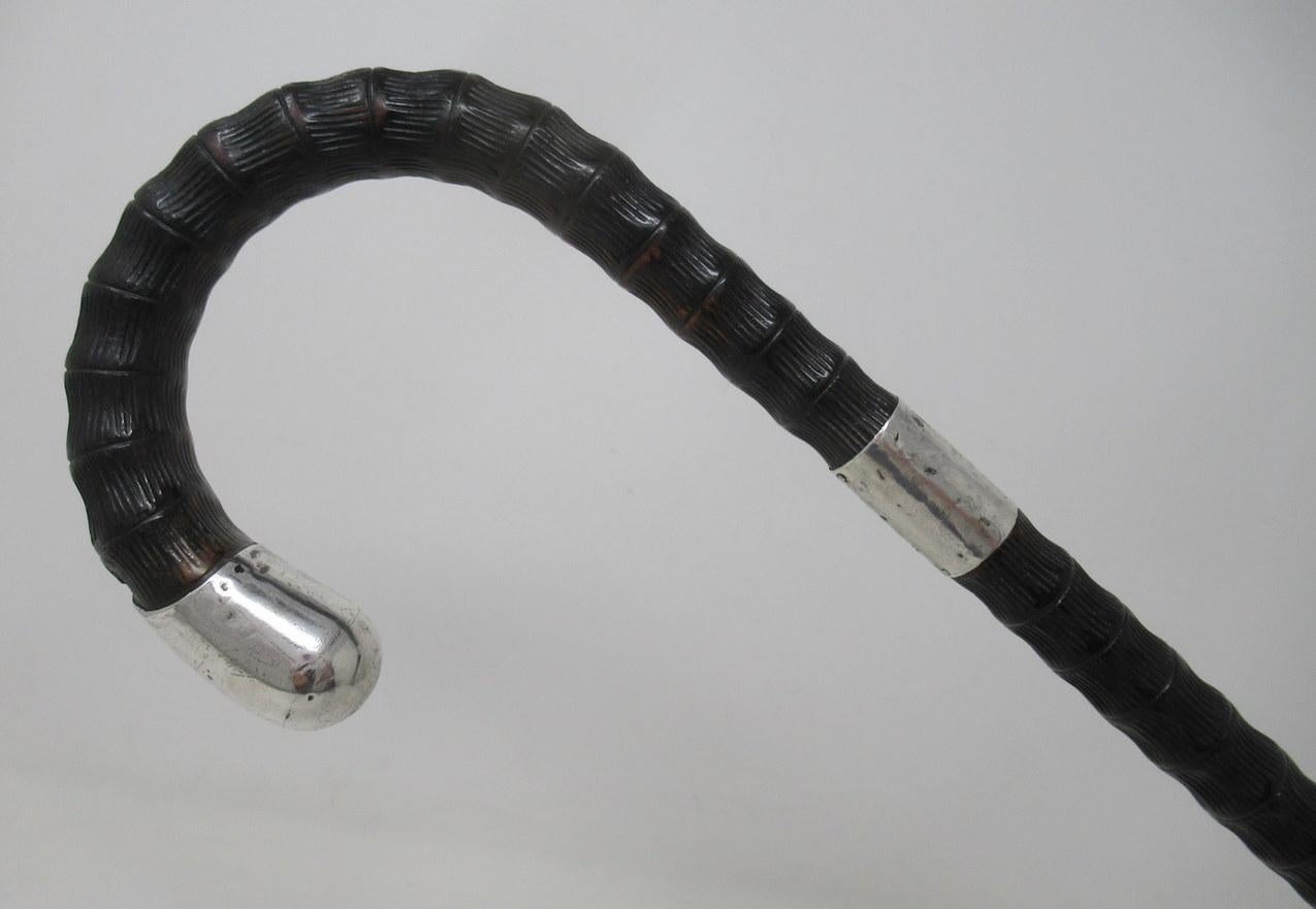 Ebonised Carved Wood Walking Stick Cane Crook Handle Sterling Silver Collar 1915 1