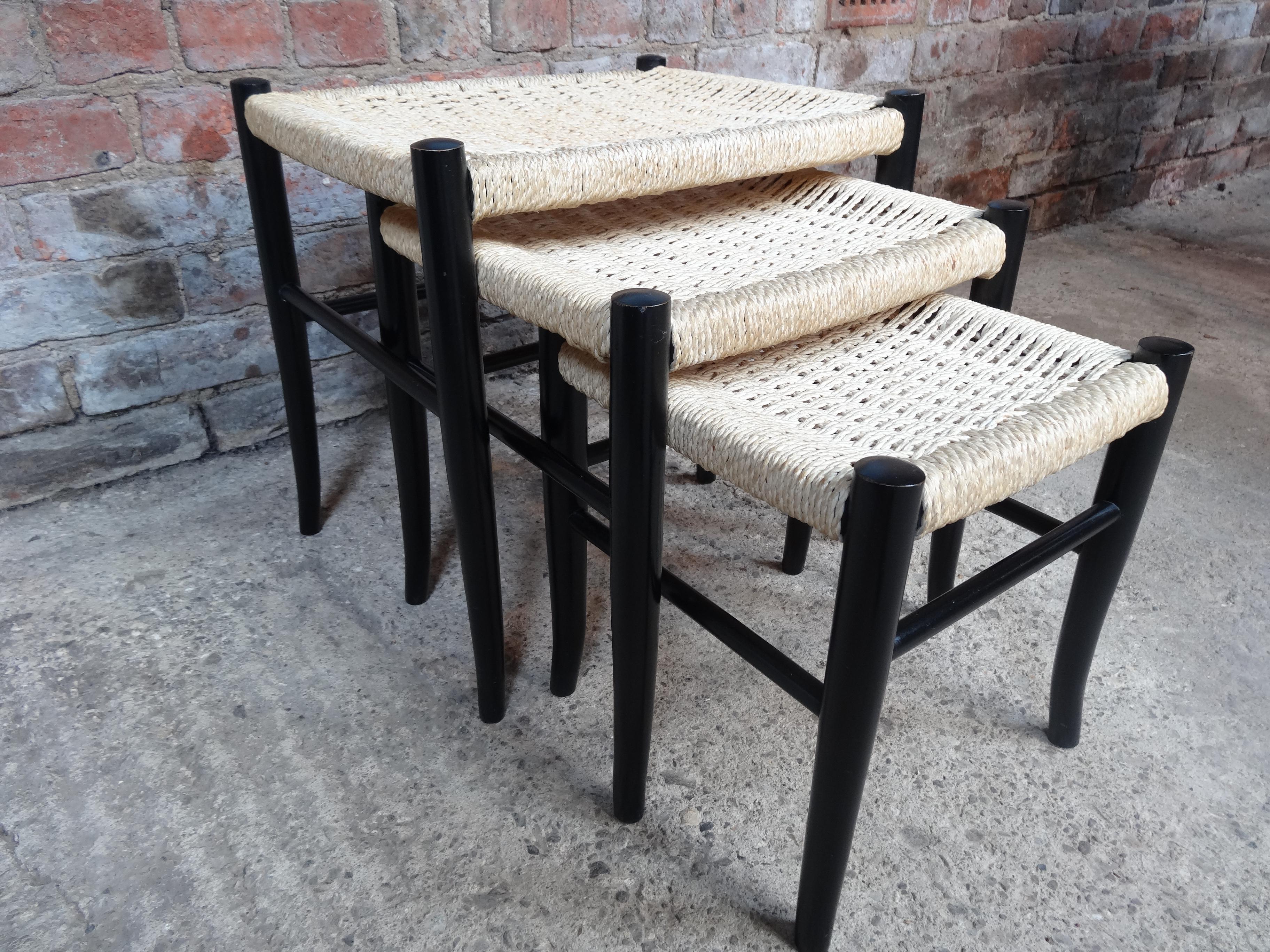 Ebonized Danish Cord Vintage Retro 1960's Nest of Stools / Tables In Good Condition For Sale In Markington, GB