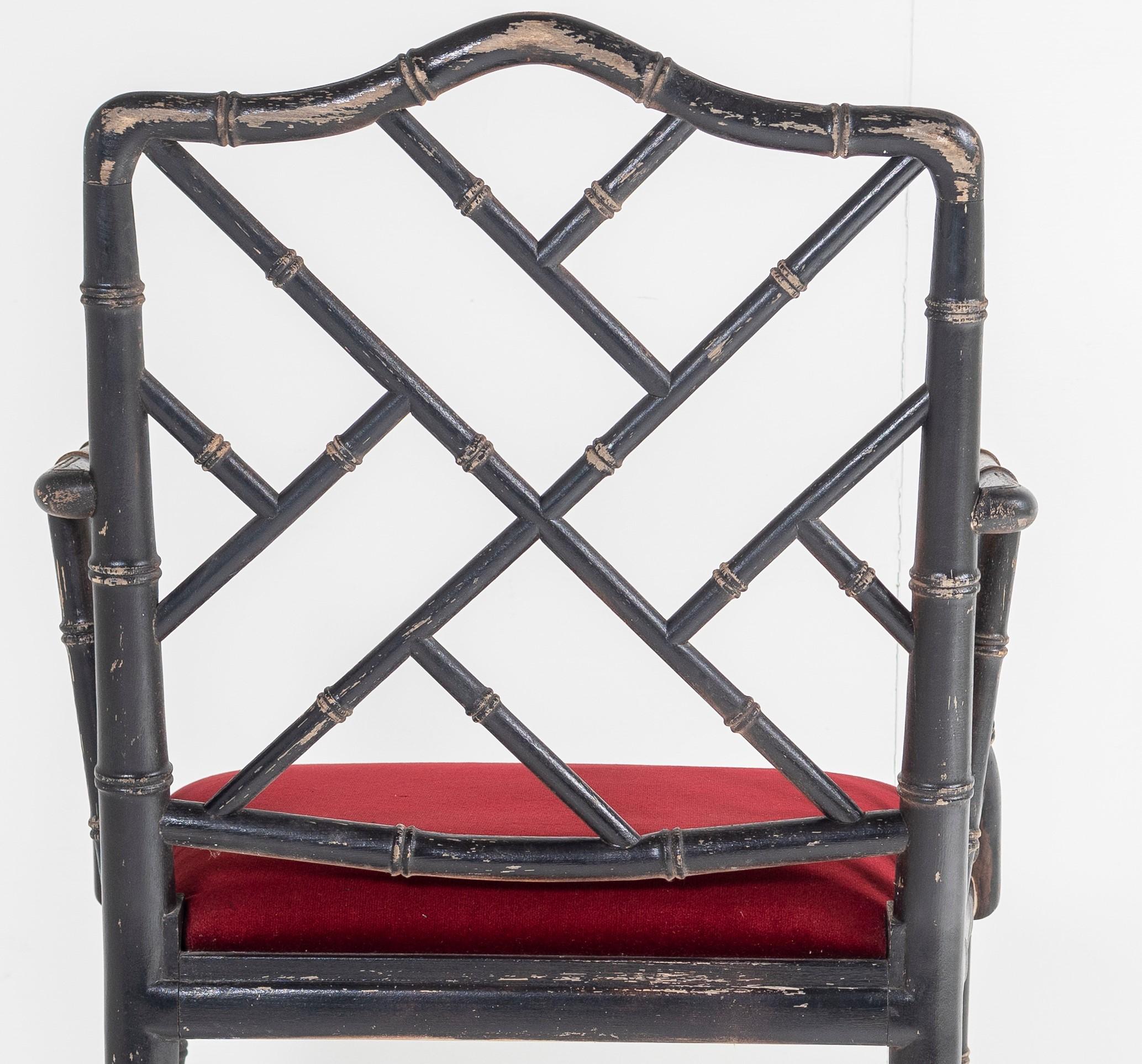 Ebonised Faux Bamboo Chinese Chippendale Style Chair with Red Velvet Seat 4