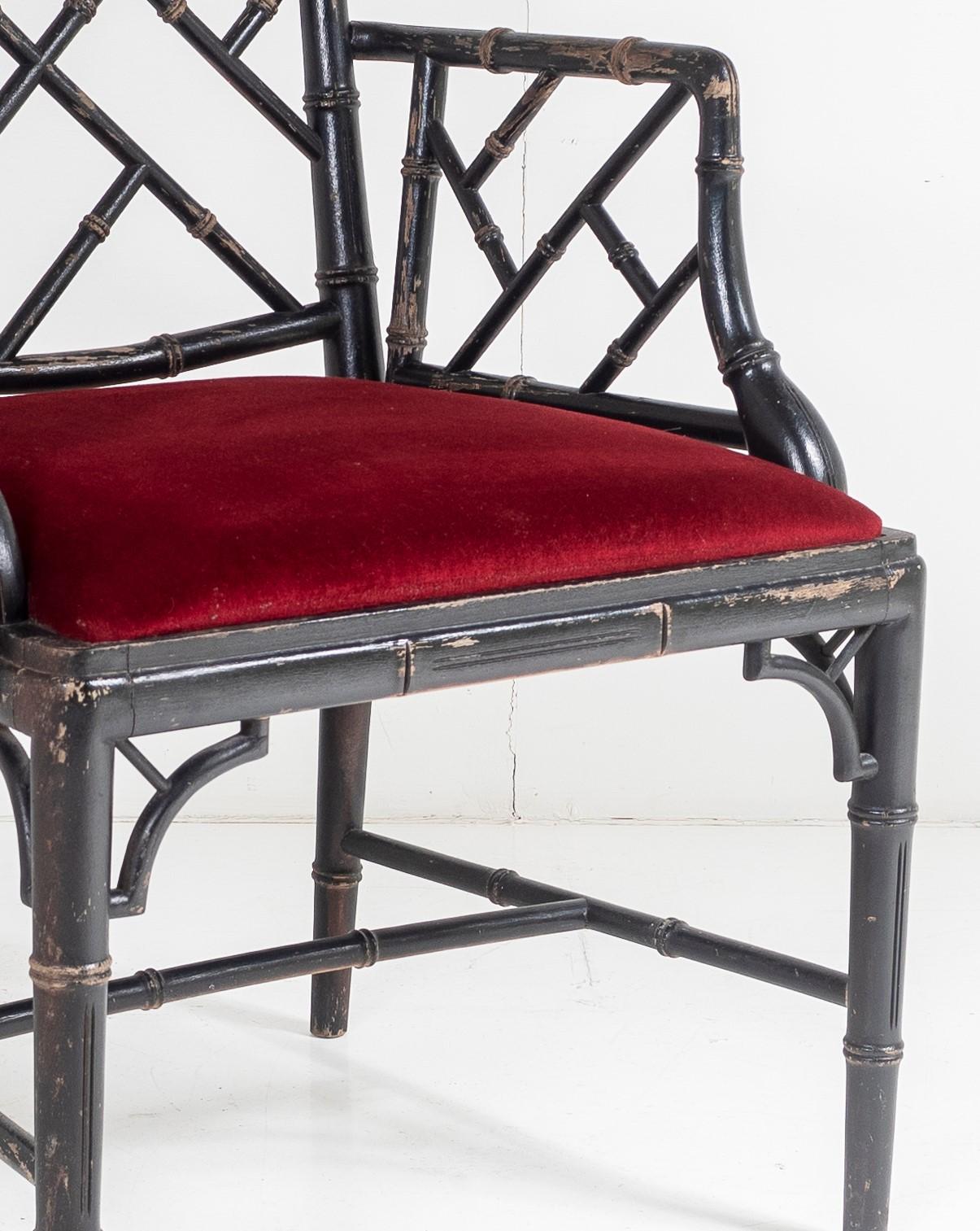 Ebonised Faux Bamboo Chinese Chippendale Style Chair with Red Velvet Seat 5