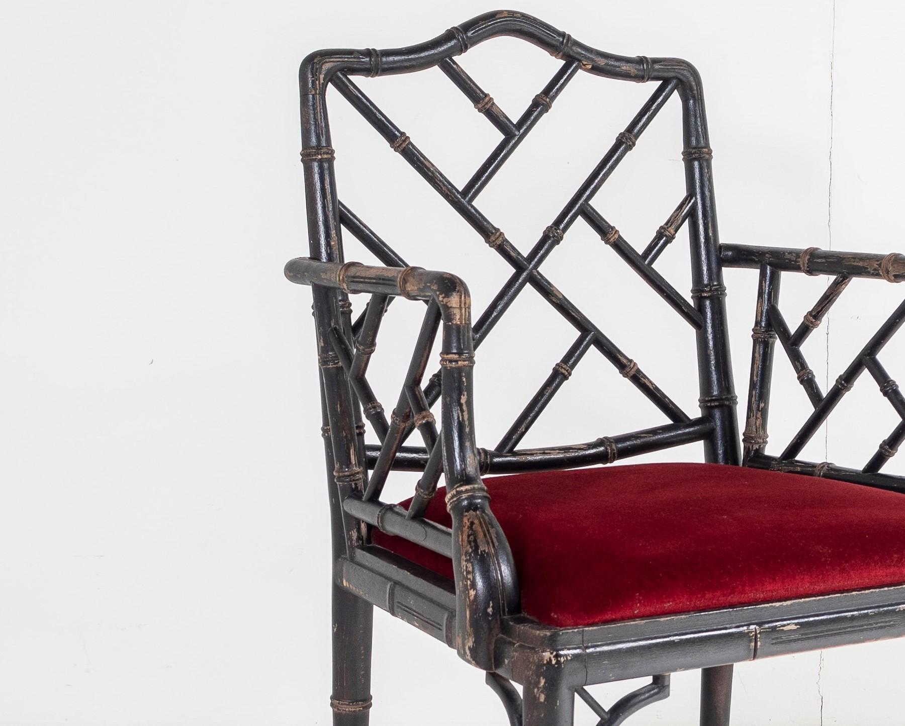 English Ebonised Faux Bamboo Chinese Chippendale Style Chair with Red Velvet Seat