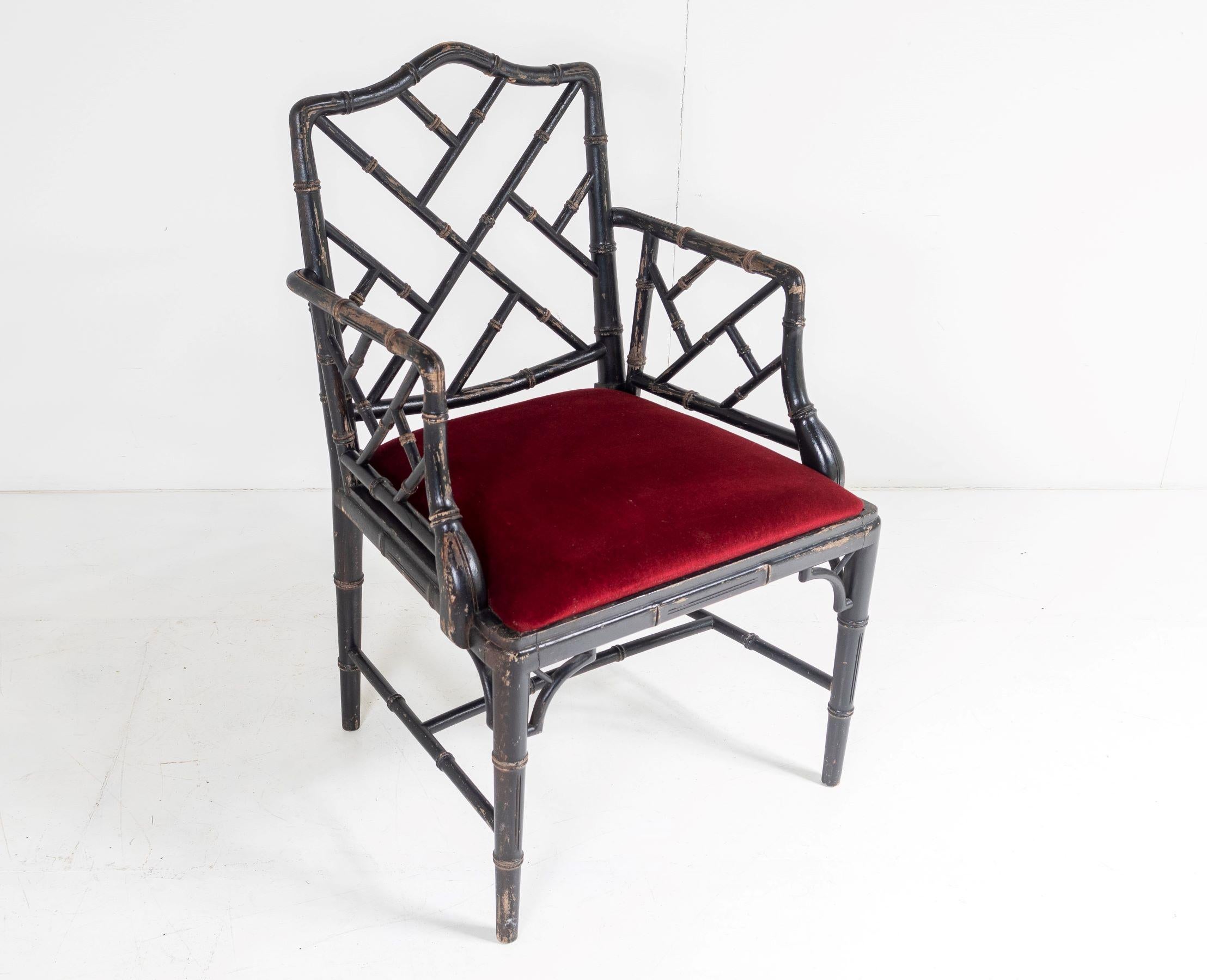 Ebonised Faux Bamboo Chinese Chippendale Style Chair with Red Velvet Seat In Good Condition In Llanbrynmair, GB