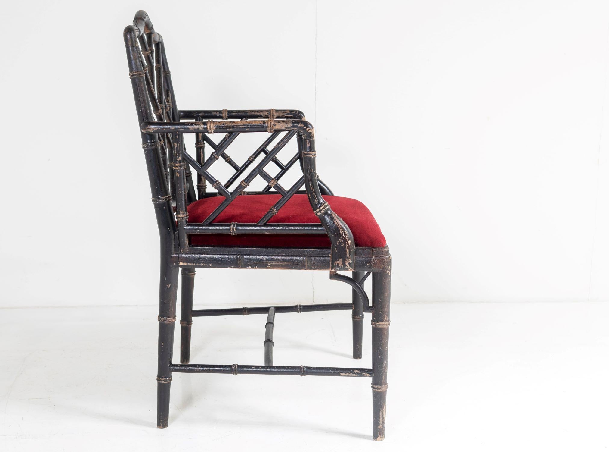 20th Century Ebonised Faux Bamboo Chinese Chippendale Style Chair with Red Velvet Seat